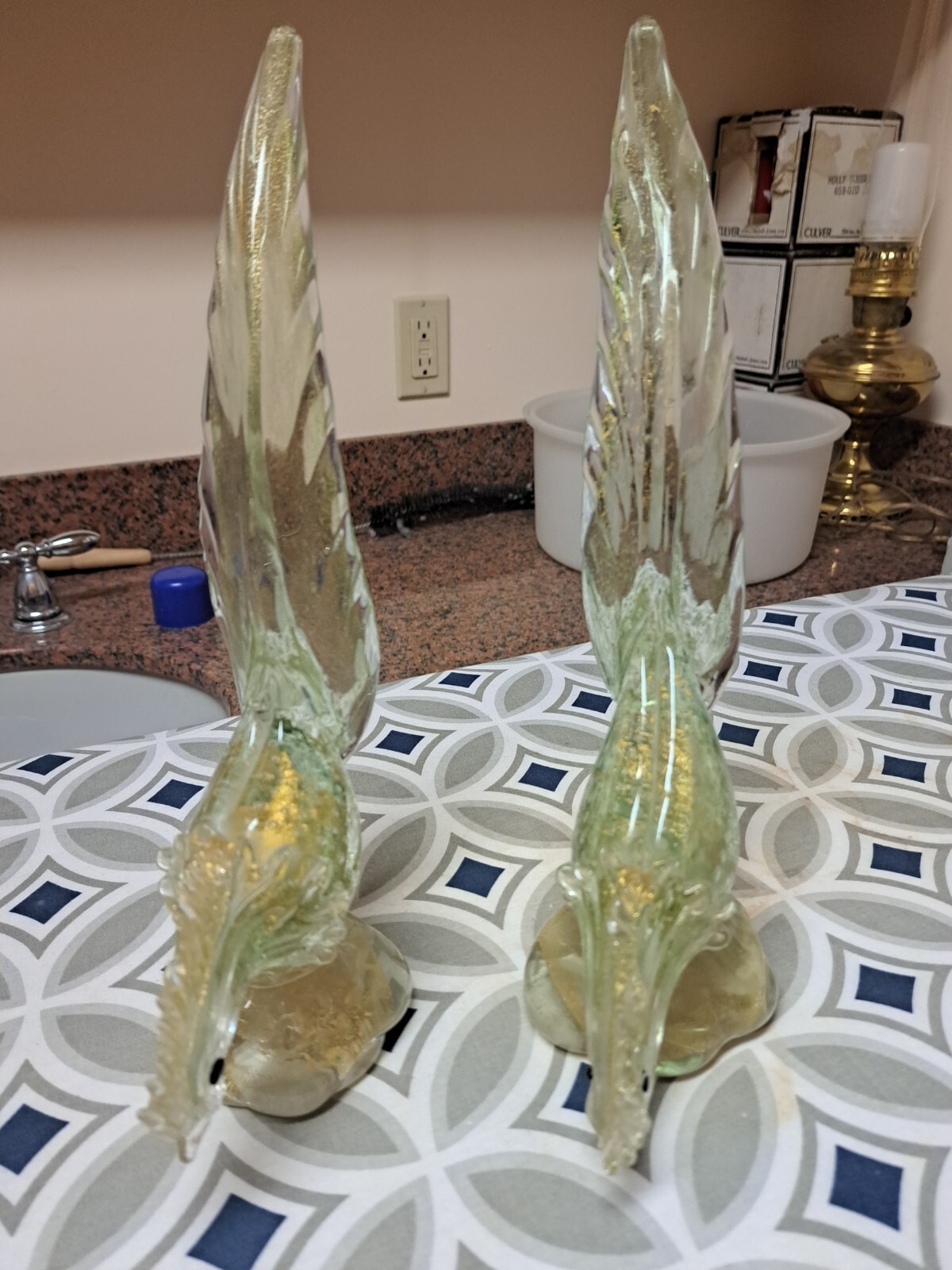 Murano Venetian Mid Century Rare Pair of Gold Flakes Pheasant Tailed Roosters