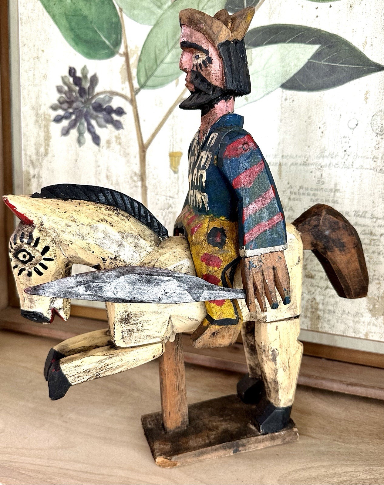 Antique 1920 Hand Carved Wood Folk Art “Santos” St James Horseback Sword, Mexico