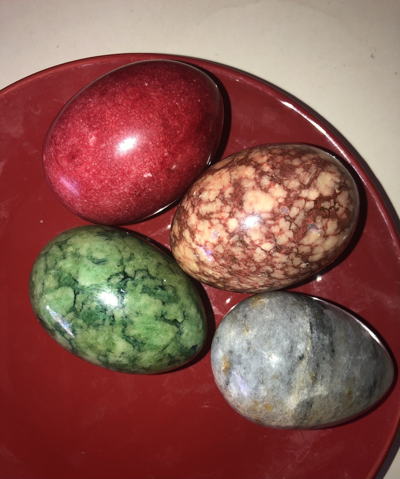 LOT 4 MARBLE / ALABASTER EASTER EGGS 2” RED GREEN GRAY BROWN BEIGE