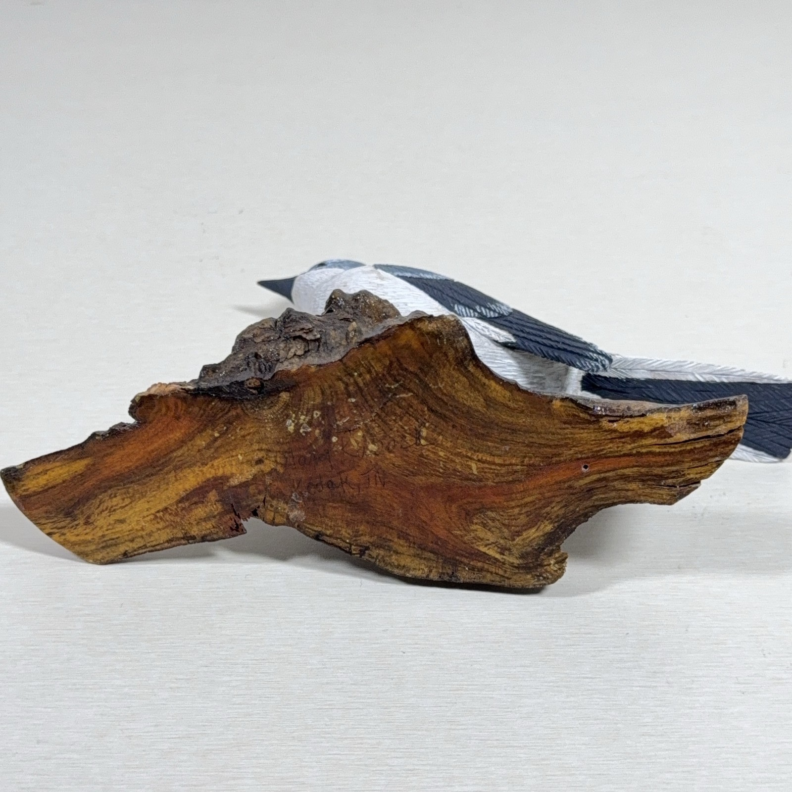 Hand Carved & Painted Blue-Gray Songbird Figurine on Natural Wood Base 7.5″