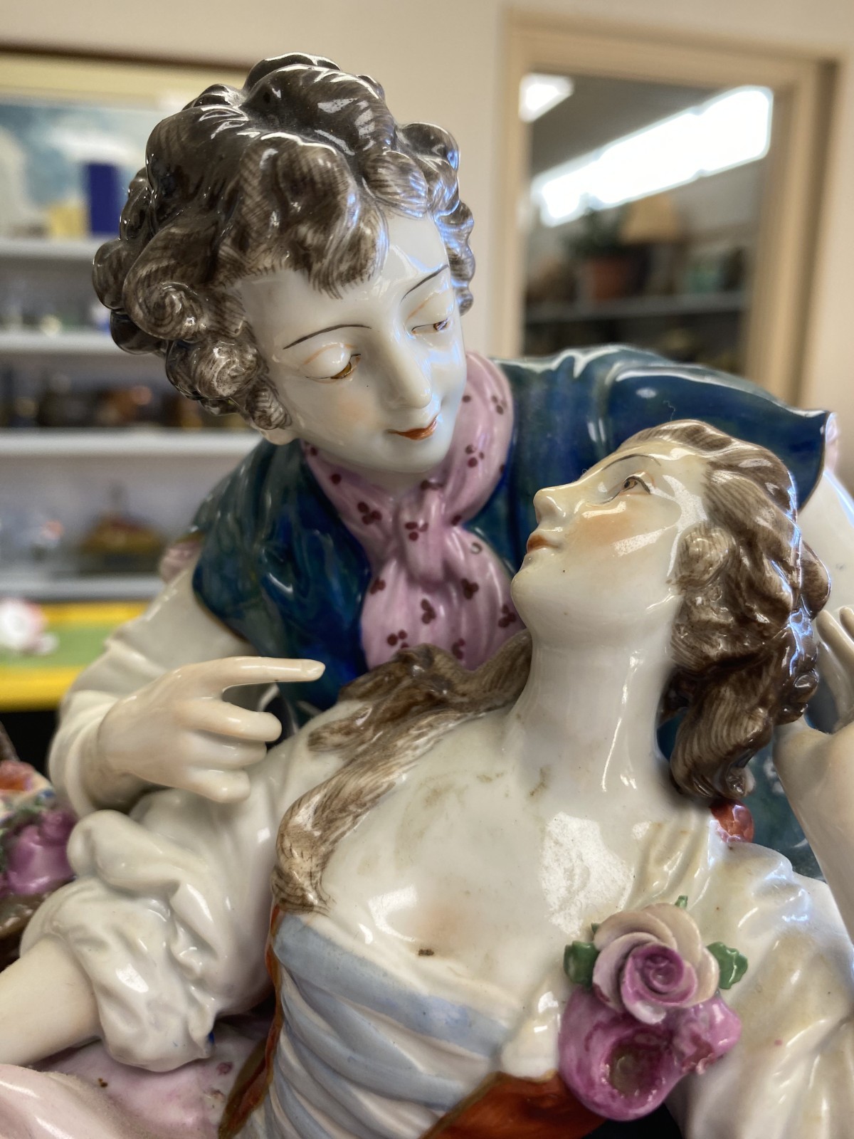 Oldest Volksstedt Porcelain Factory. Antique porcelain figurine of young lovers