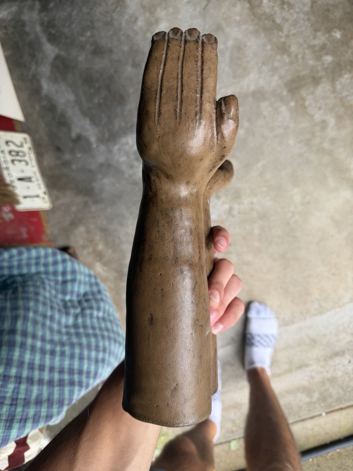 Vintage Mid Century MCM ceramic Hands Sculpture Folk Art Brown Glaze