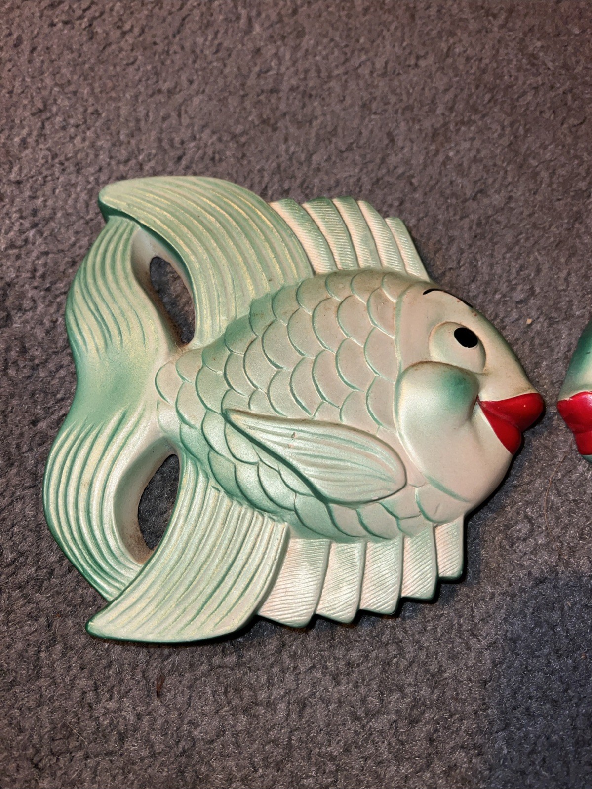 Vtg 60’s UNMARKED Miller Studio Type Green Fish Chalkware Wall Plaques Set 2