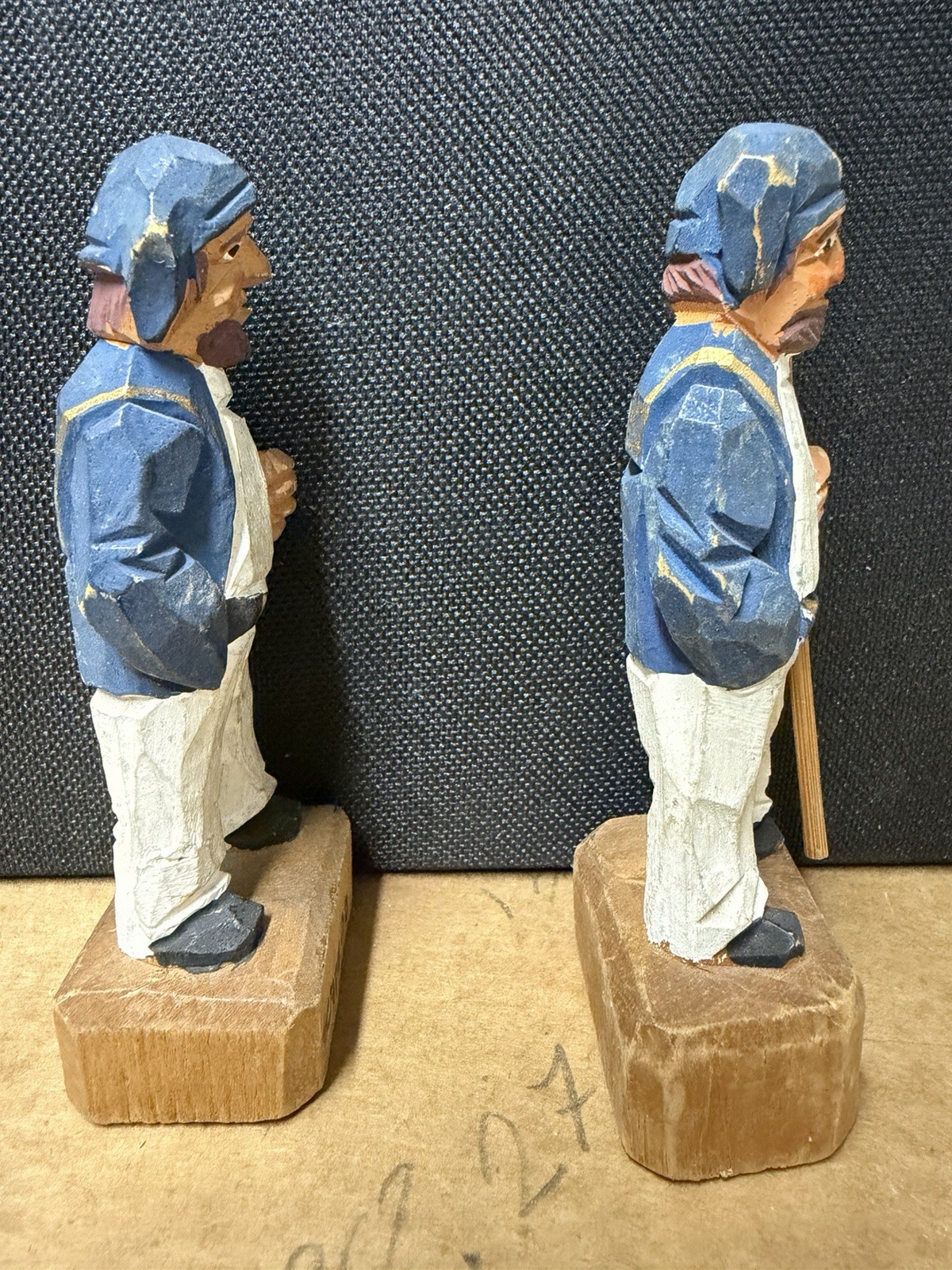 2 Hand-Carved Wooden Fisherman Figurine — 4 1/8” Tall
