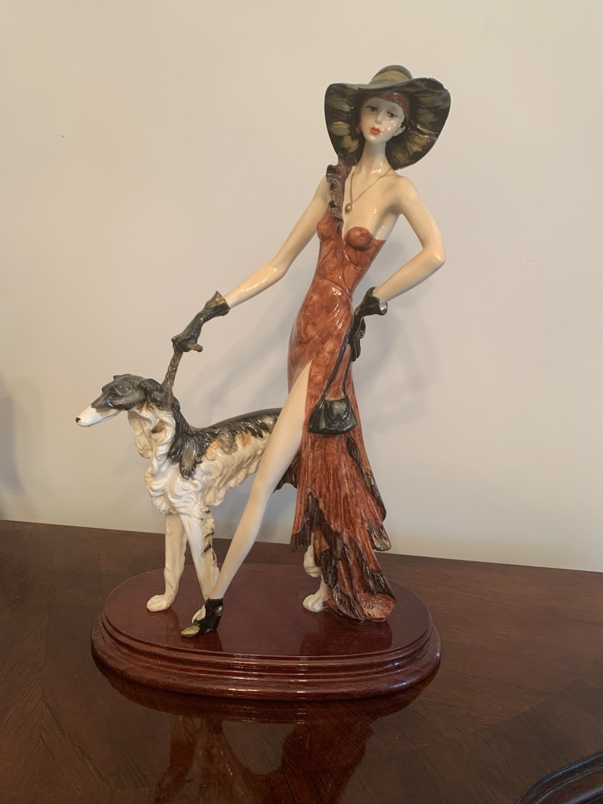 A. Santini Signed Porcelain Figurine – Elegant Lady with Borzoi Dog