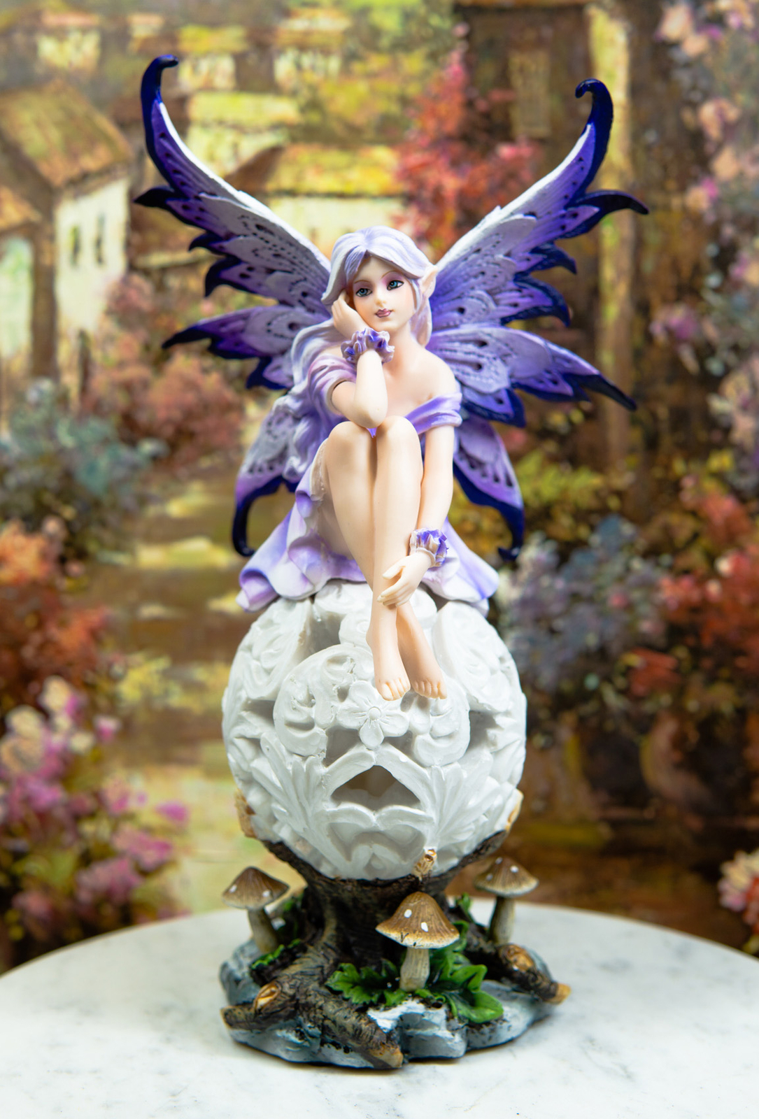 Ebros Goddess Amethyst Fairy Sitting On Filigree Orb Figurine LED Night Light