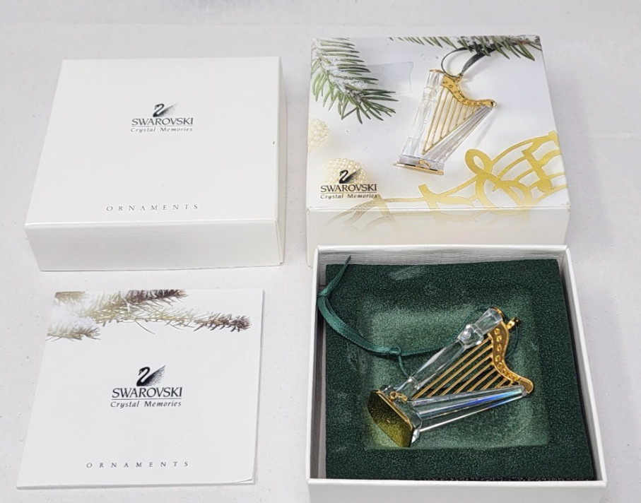 Swarovski Figurine Crystal Memories Gold Harp Christmas Ornament with box