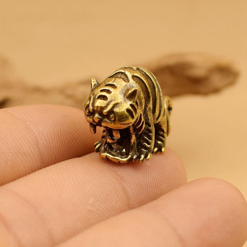Solid Brass Fangs Tiger Statue Animal Figure Tea Pet Ornament Keychain Pendant