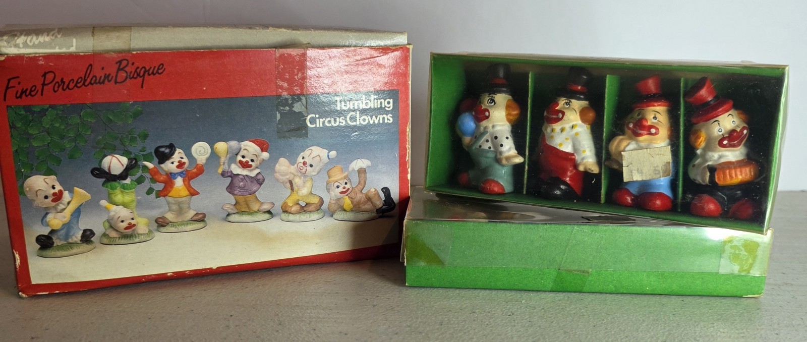 Vintage Porcelain Bisque Clown Figurine Lot Tumbling Circus Clowns Boxed