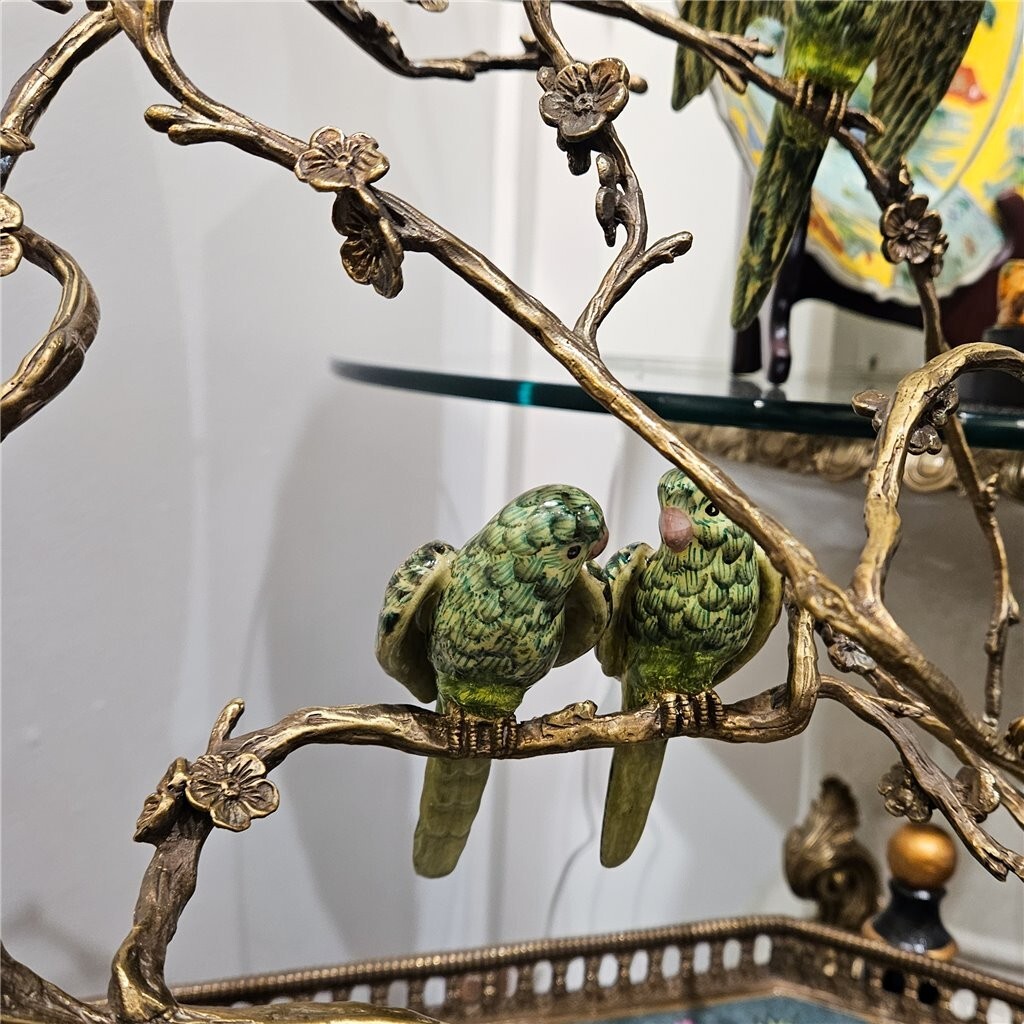 STUNNING PORCELAIN & BRONZE ORMOLU BIRDS ON TREE BRANCH SCULPTURE -18” X 16”H