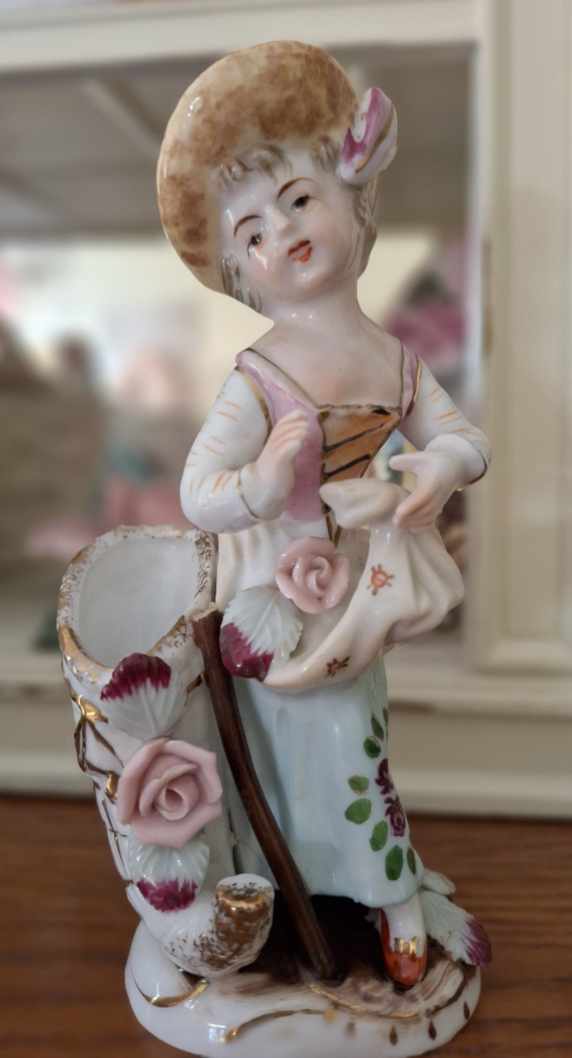 Little Girl Vase Figurine Ucagco Victorian Girl with Pink Roses Vintage