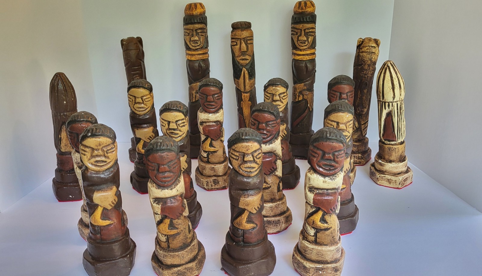 12pc Carved Painted Wood Tribal People Figurine Lot Folk Art Brown Beige Black