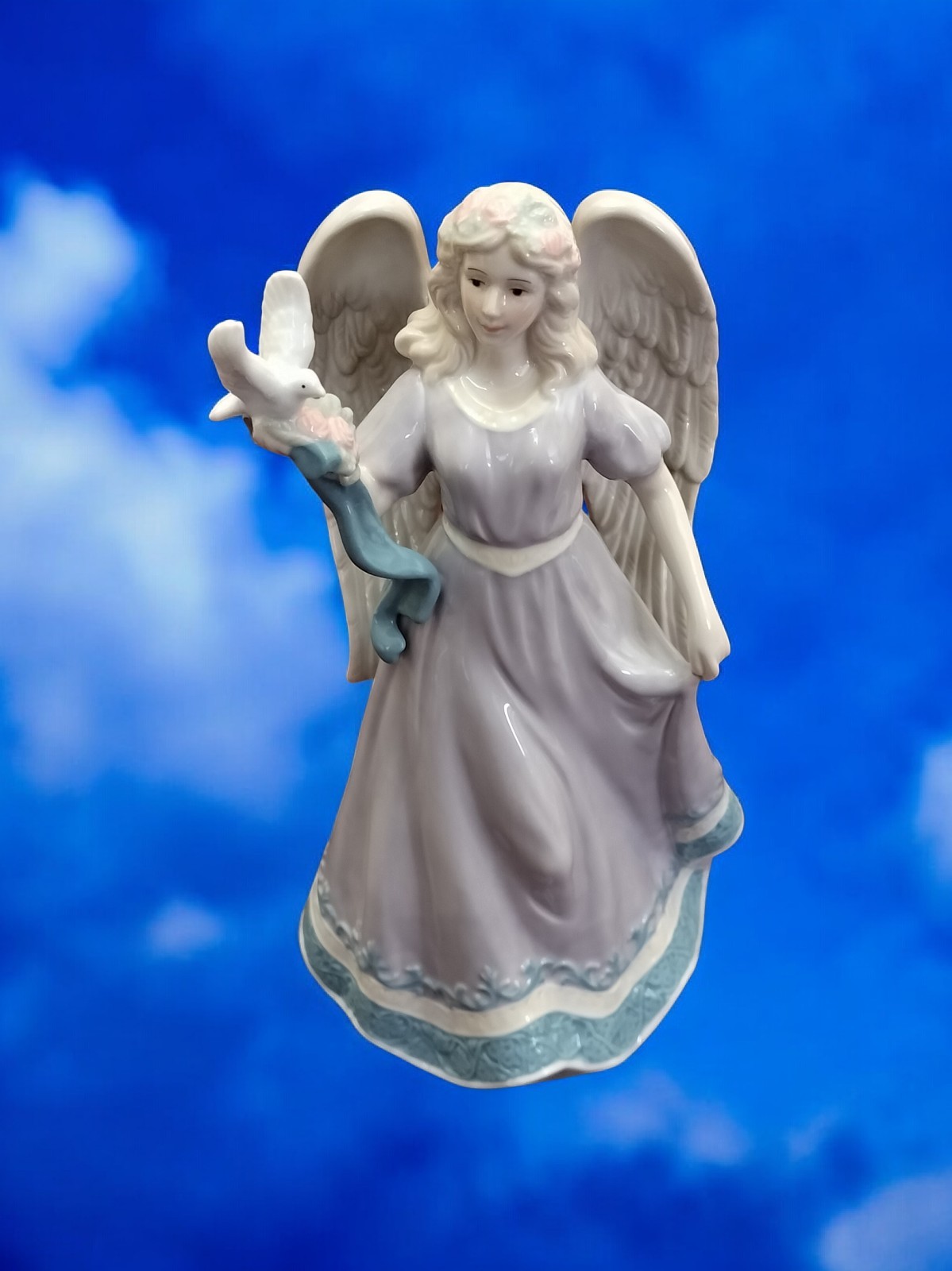 Angel W/ White Dove In Beautiful Lavender Dress. Porcelain 9-3/4 Inches Tall
