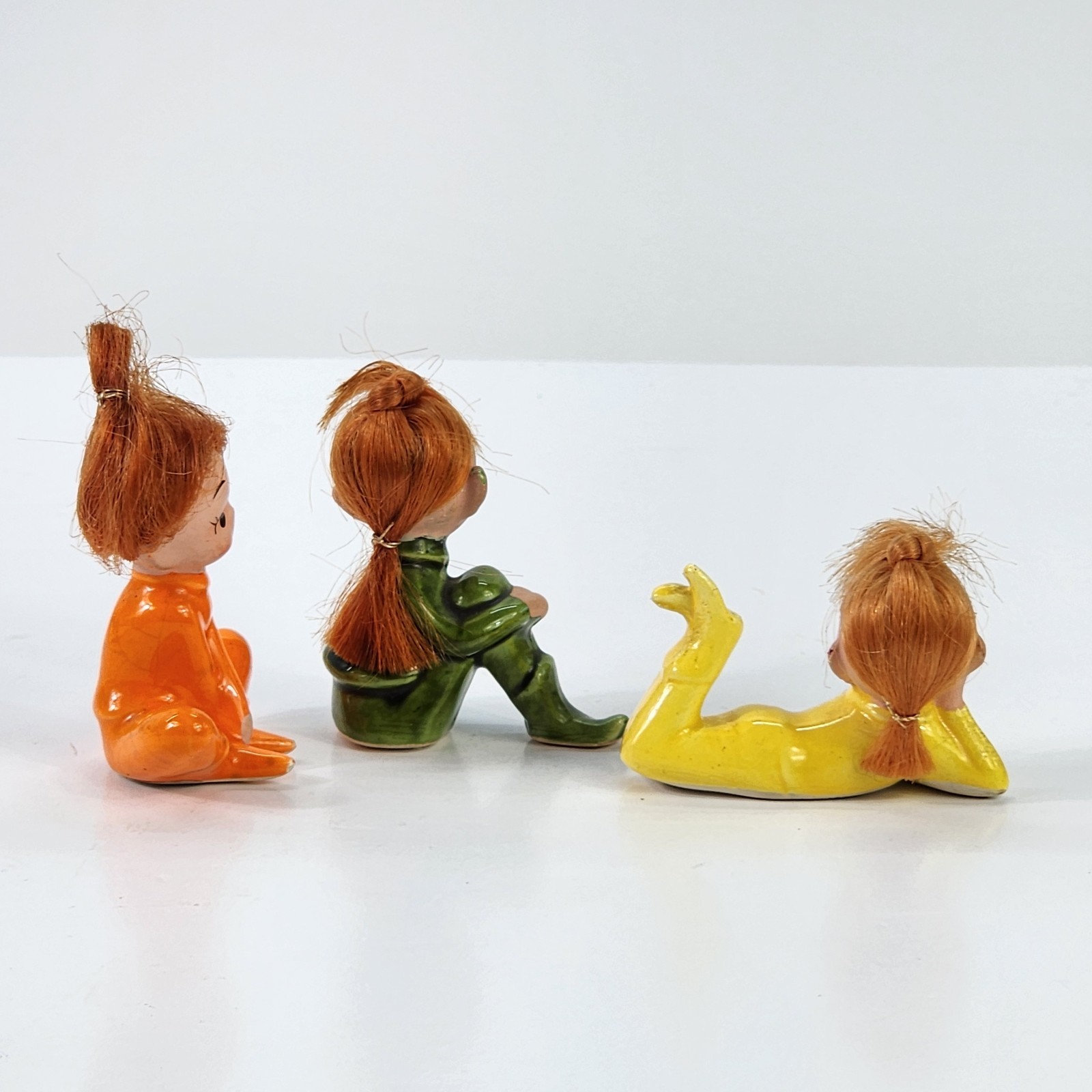 3 Vtg Ceramic Pixies Red Orange Hair Doll Elf Japan National Potteries Co.