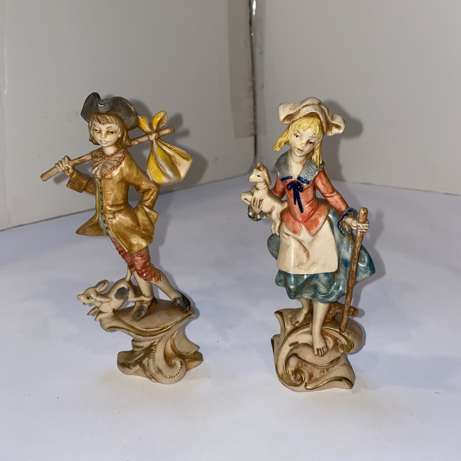 Vintage Depose Italy 277 & 278 Boy knapsack traveling w/ Dog Girl with lamb