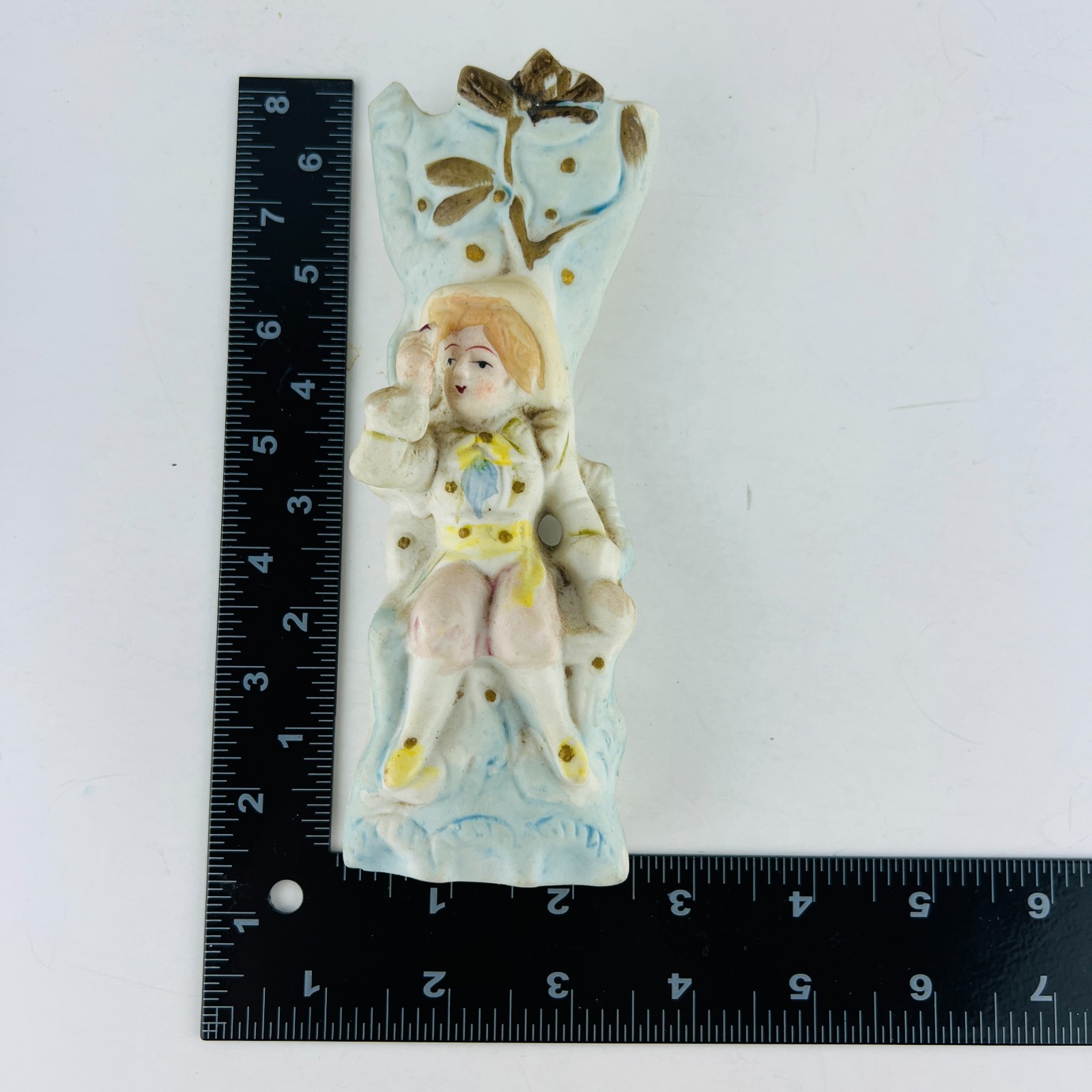 Colonial Male On Bench Scene Porcelain Bisque Made In Occupied Japan 6.25″ Vint