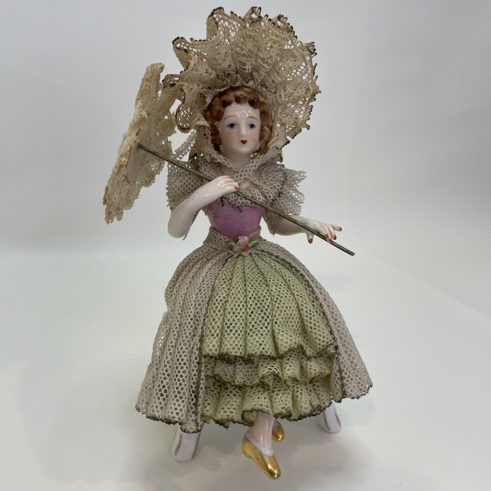 Vintage Porcelain Figurine Lady Fabric Lace Dress Umbrella Parasol Bench Sitter