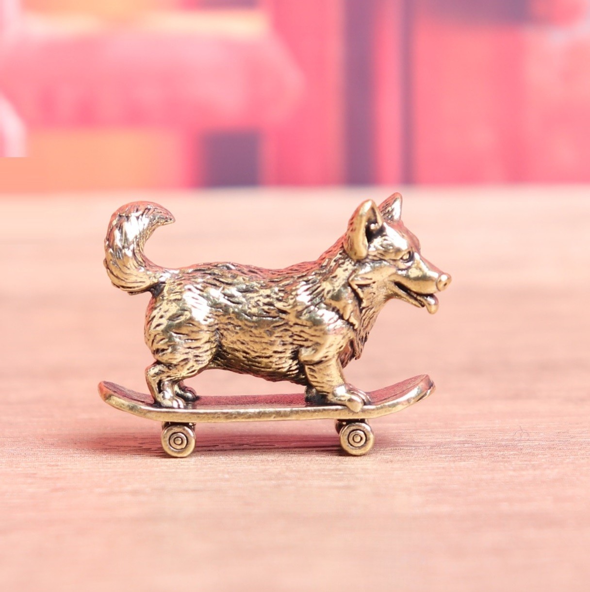 Brass Corgi Dog on Skater Animal Figurine Mini Statue Table Home Decoration Toy