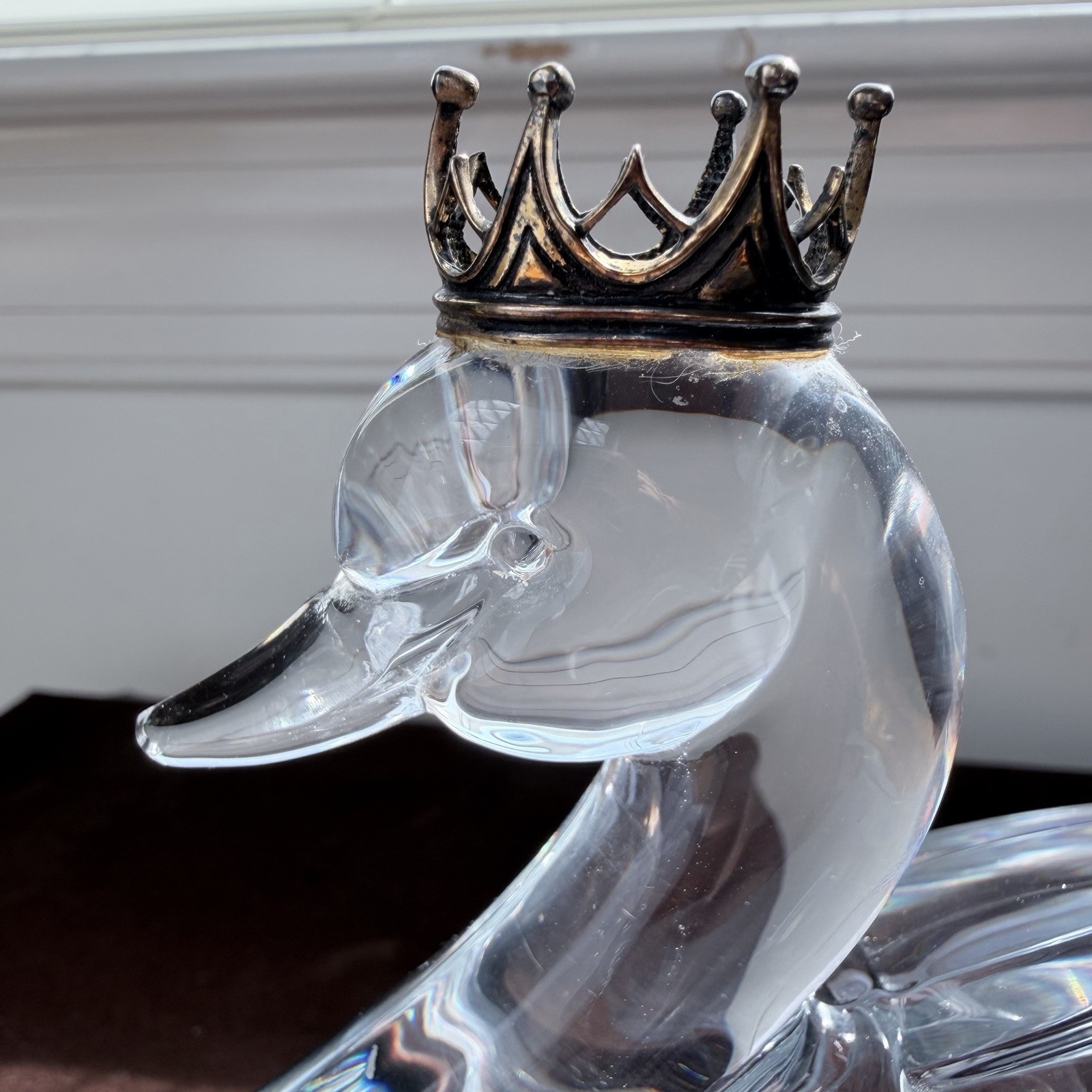 Lead Crystal Swan Figurine With Golden Crown Statue, Made in France