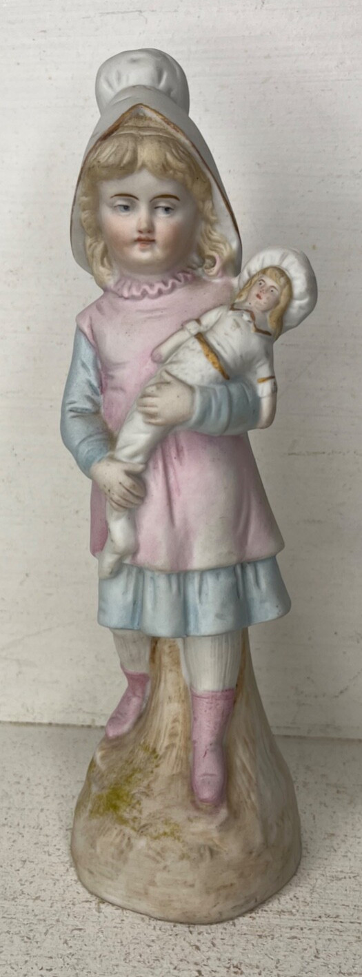 Antique German ? Bisque Porcelain Figurine Girl w/ Doll 9″