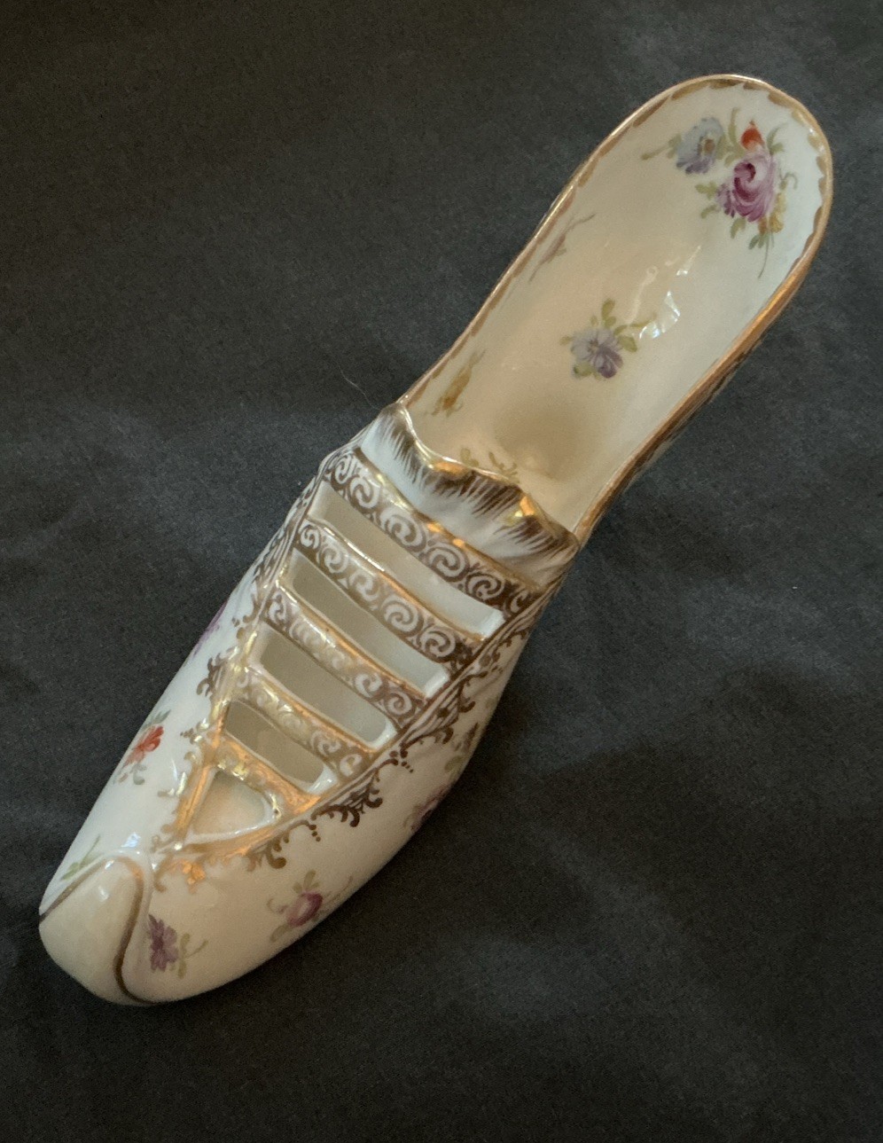 Antique DRESDEN Hand Painted Floral & Gold Shoe By Franziska Hirsch