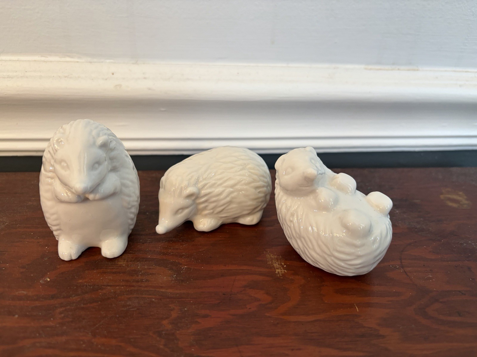 White Porcelain Hedgehogs In Various Poses Set Of 3 Different Poses