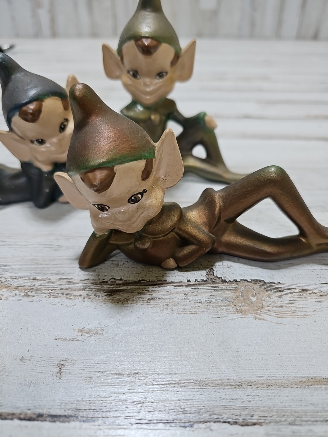 Vintage Ceramic Pixie Elf Figurine Knee Up Pointed Ears MCM Decor Lot Of 3
