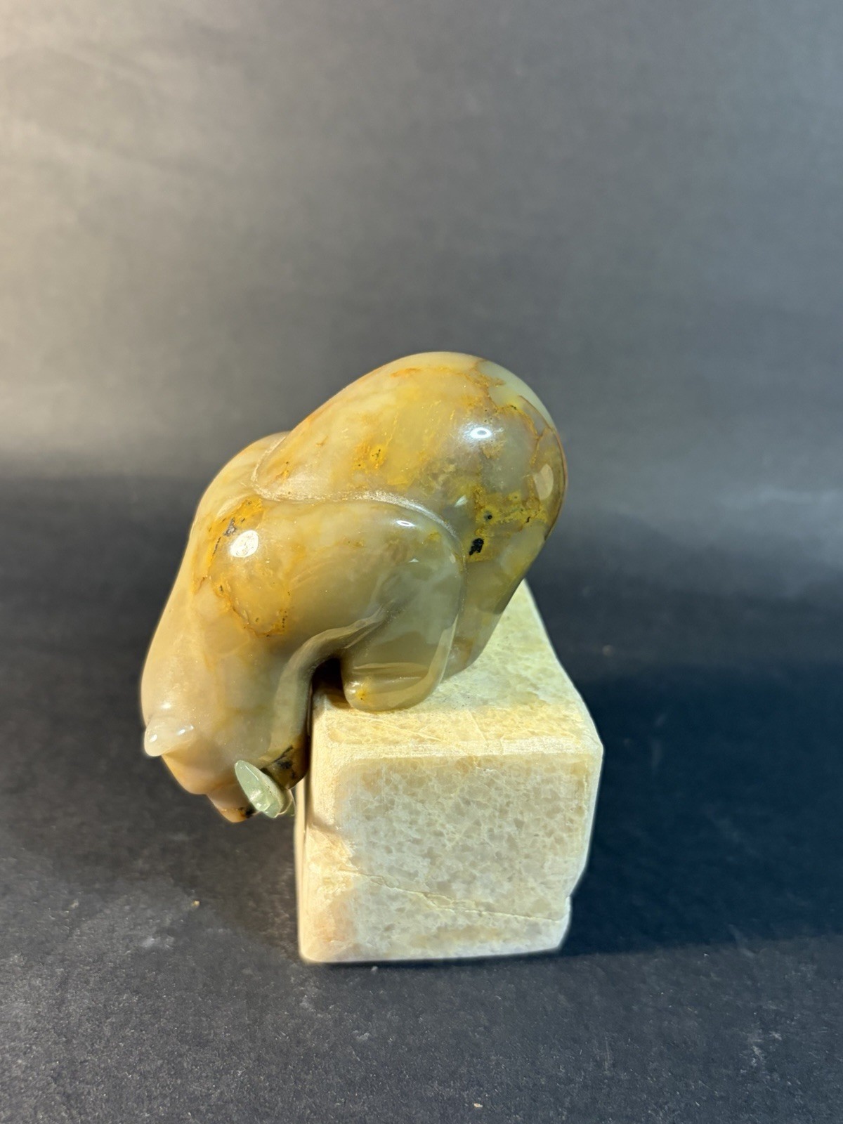 Small Carved Alabaster? Stone Bear With Fish On Stone Platform ( Crack) 3.25”