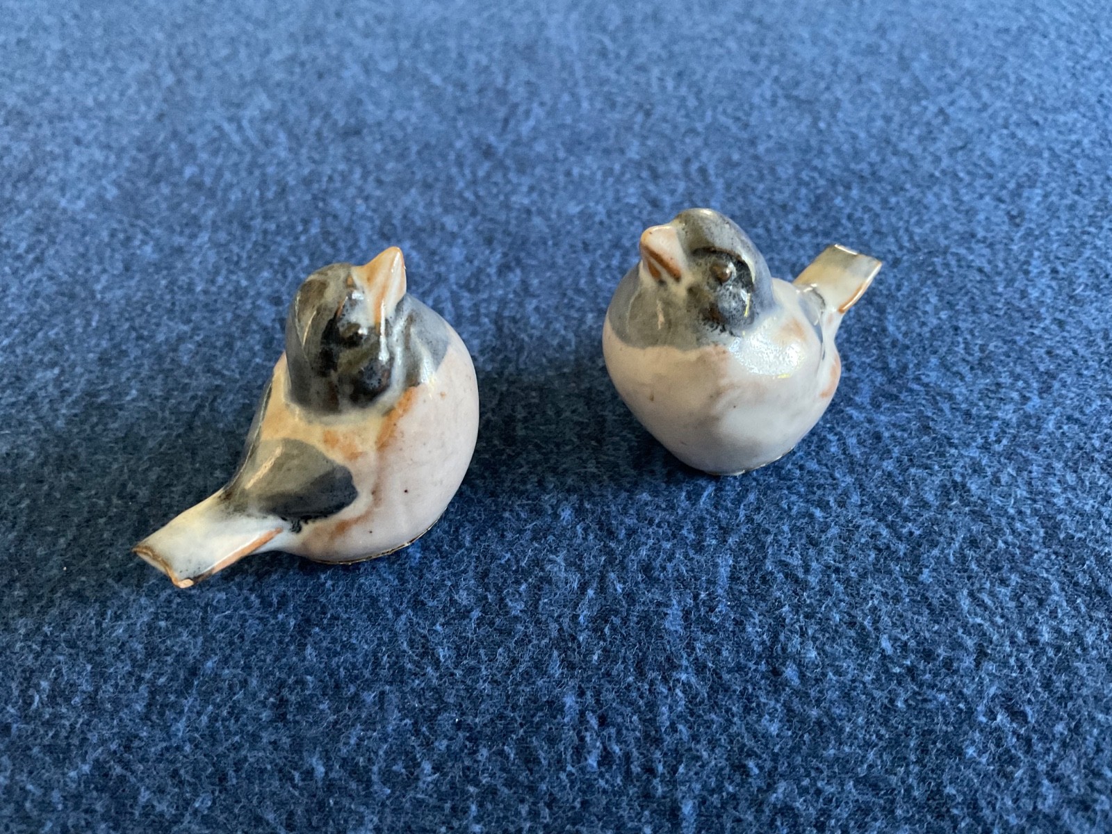 2 Vintage Ceramic small Bird Figurines, Denmark, with Labels, blue and gray