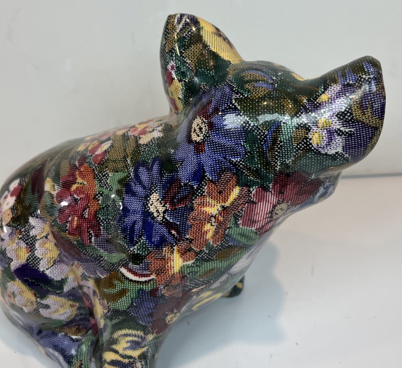 Joan Baker Designs Porcelain Decoupage Patchwork Floral Pigs Lot Of 2 Vintage