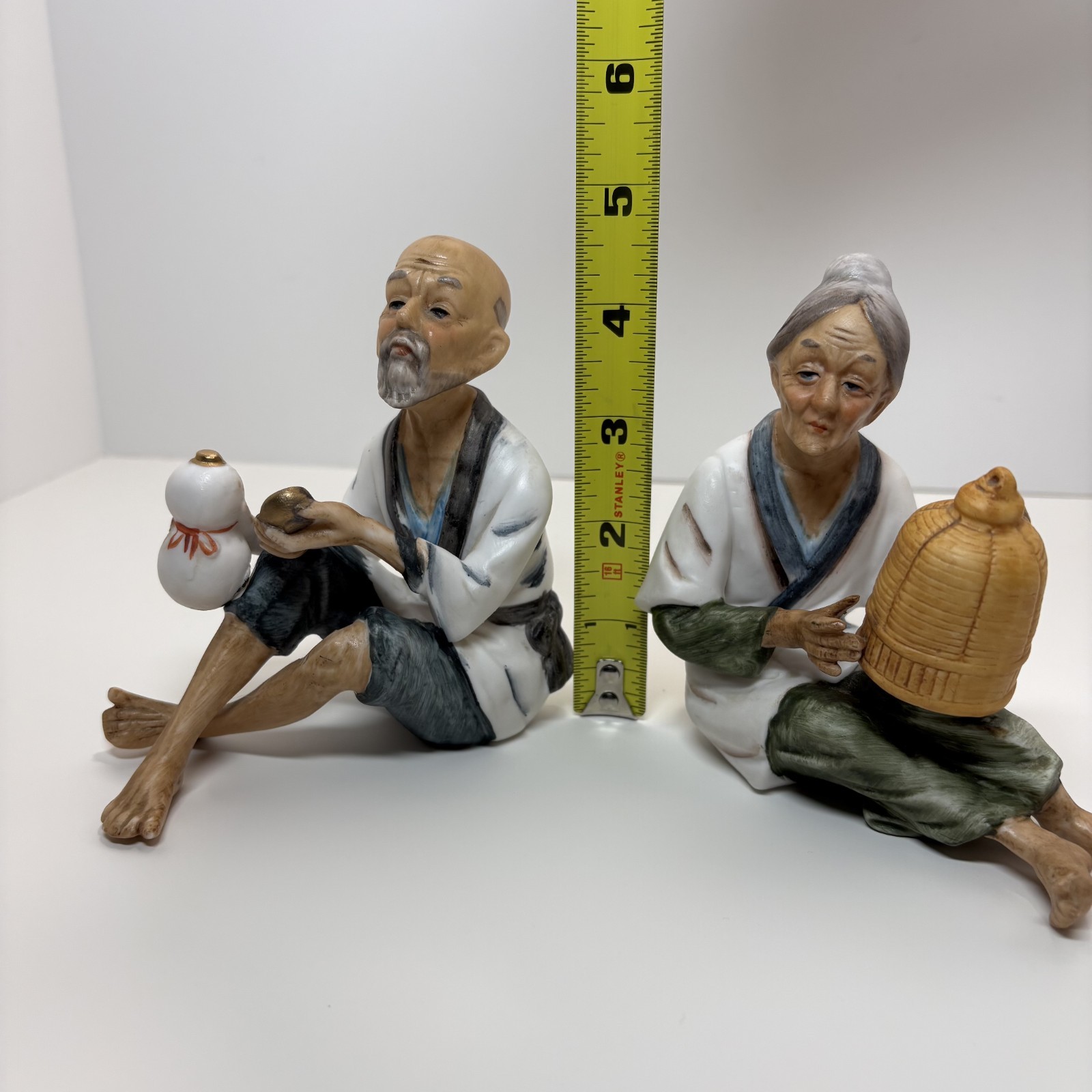 Vintage Figurines Old Man & Woman Husband & Wife Farmers Robes Resin Statues 6”