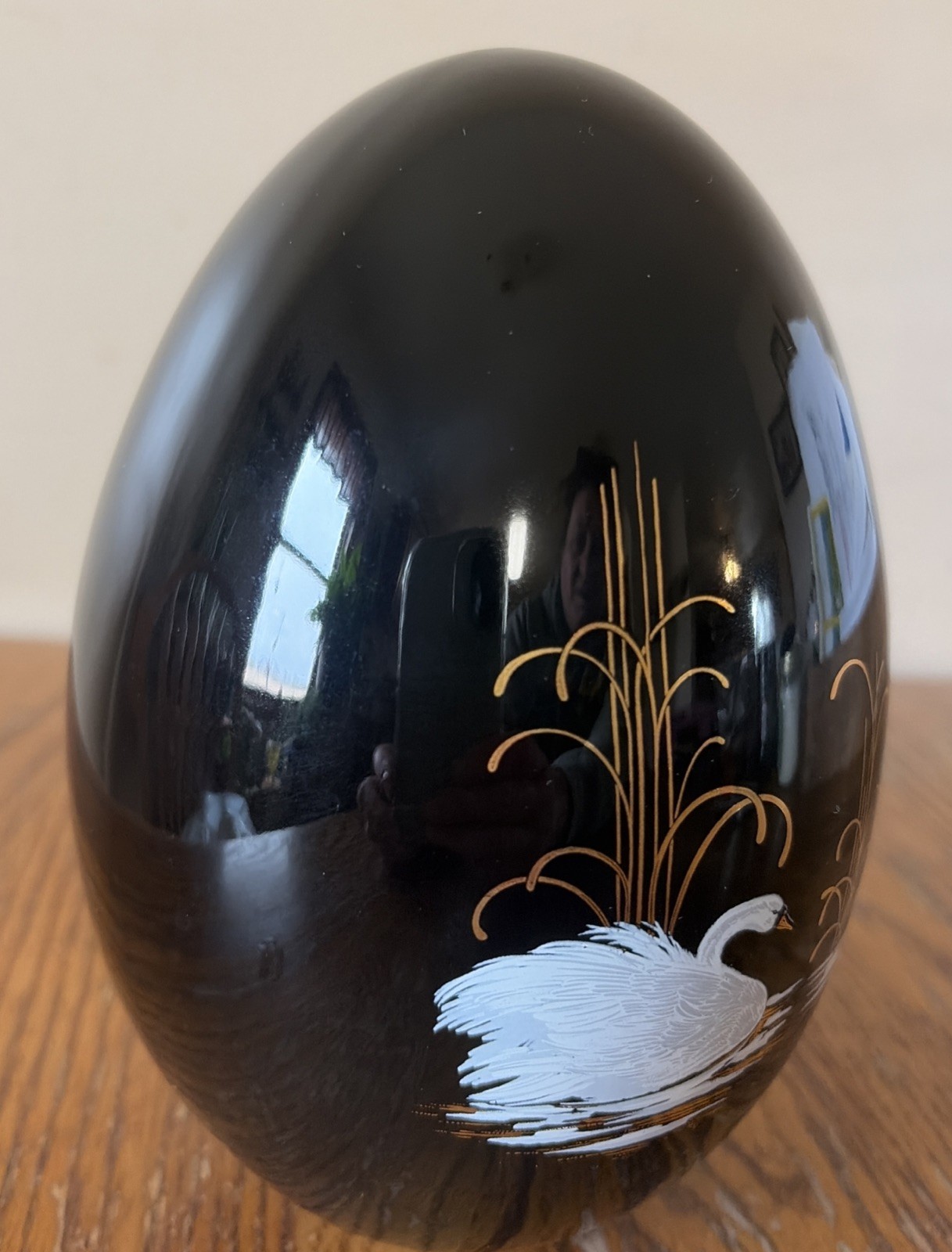 Large Porcelain Black Lacquer Egg White Swan & Gold Folk Art