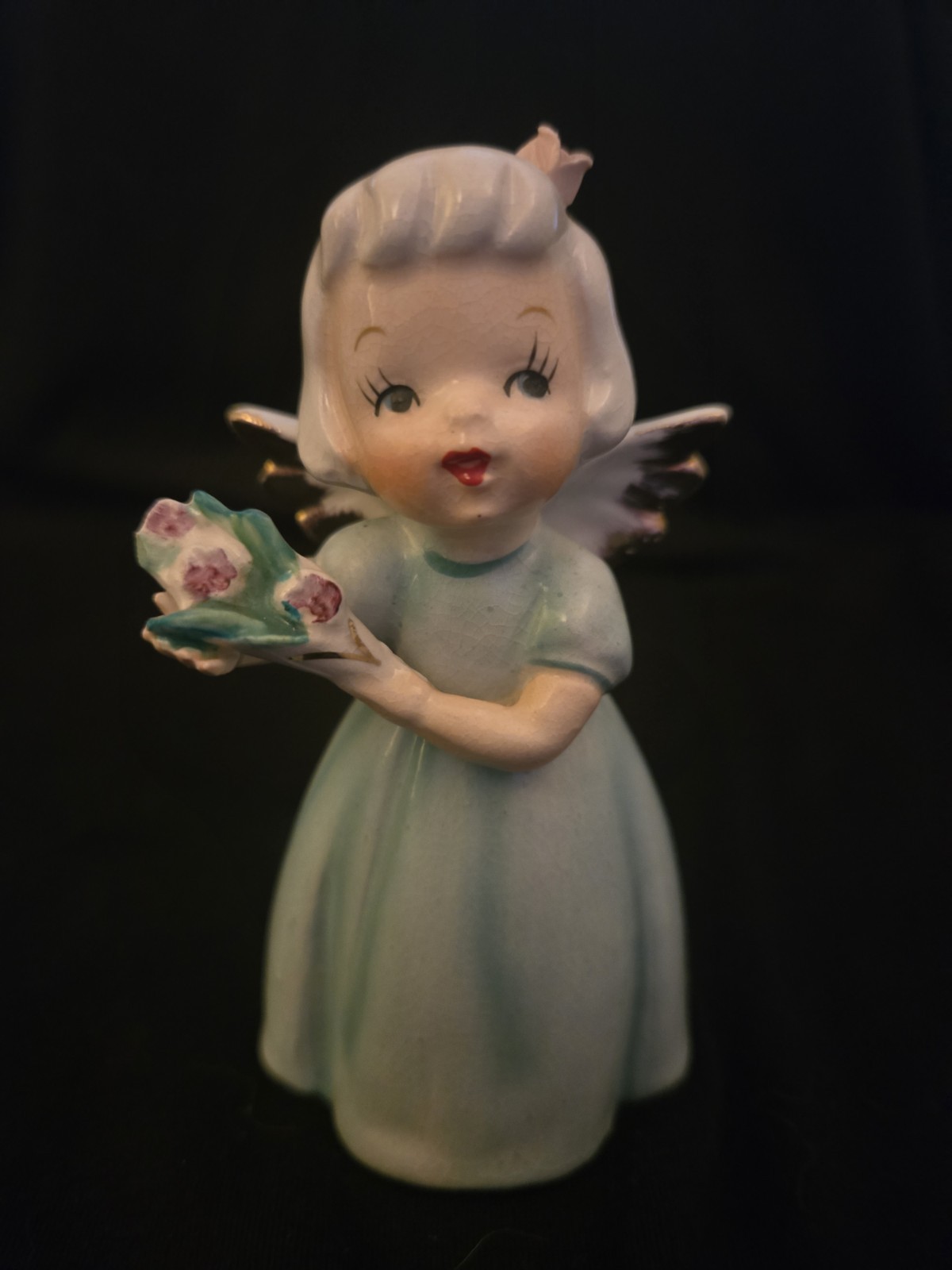 Vintage Nippon Yoko Boeki Co Japan Angel Figurine Holding Bouquet of Flowers