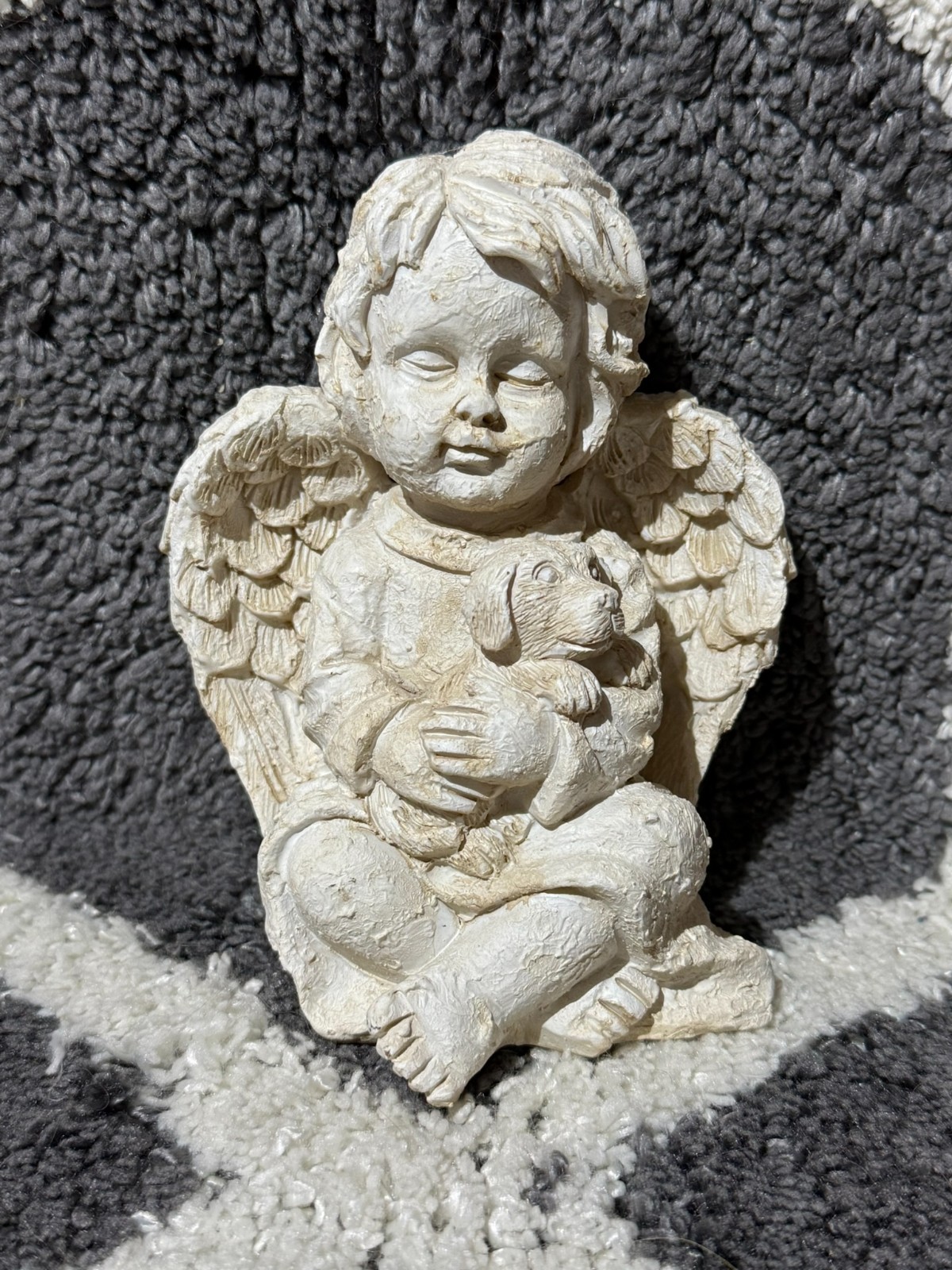 Cherub Boy Angel Sitting Holding Dog Statue 7″ Tall Garden Pet Memorial