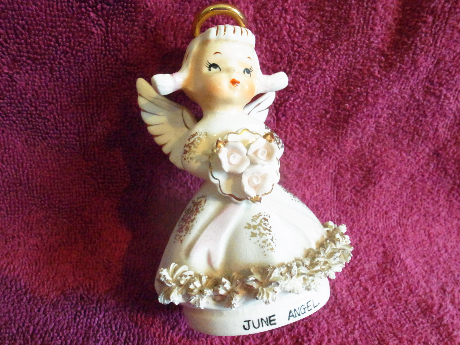 Vintage Lefton June Pink Flowers Birthday Spaghetti Angel AR1987 Orig Label-EXC