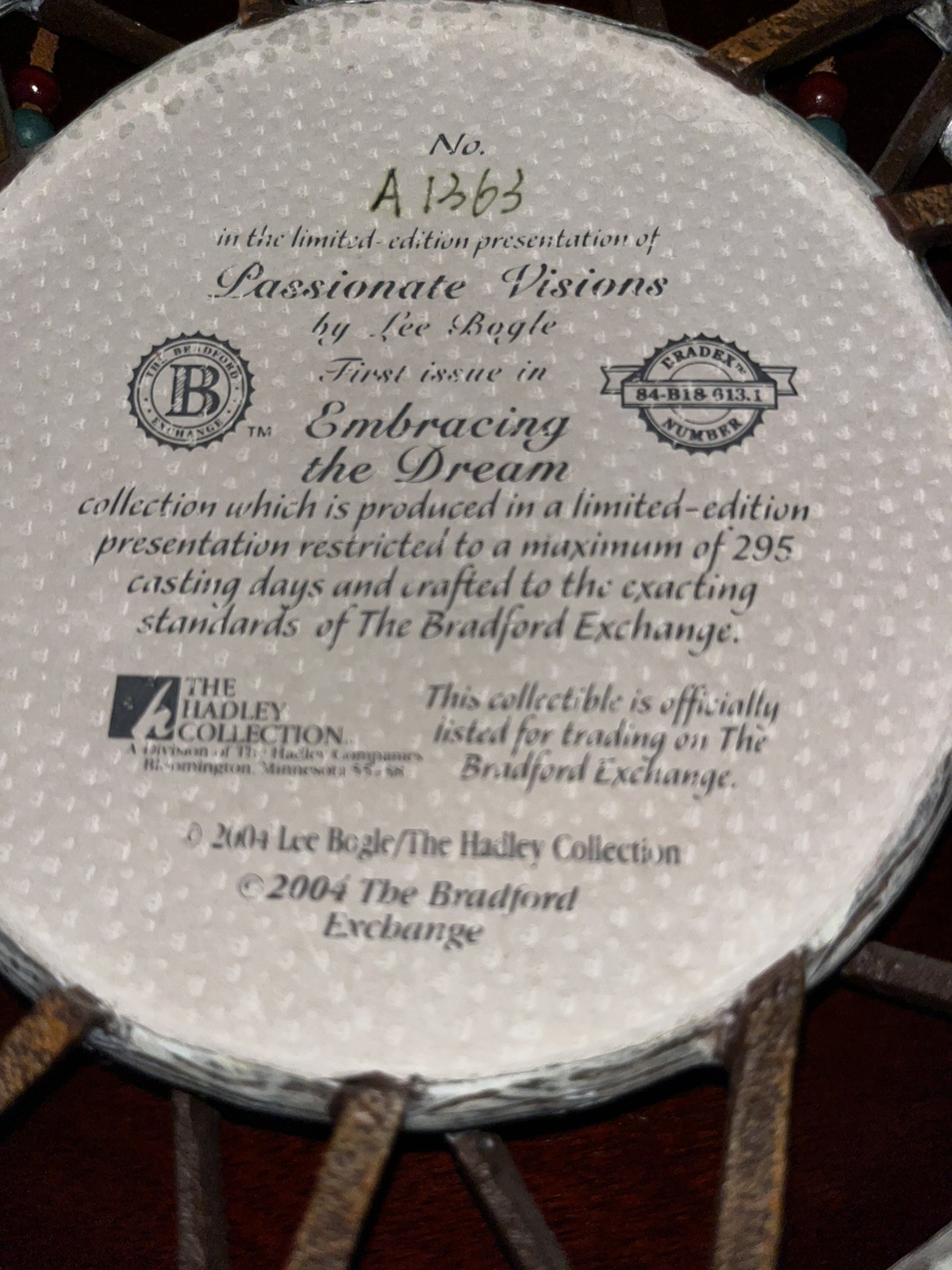 Bradford Exchange Passionate Visions-Embracing the Dream. Dream Catcher Numbered