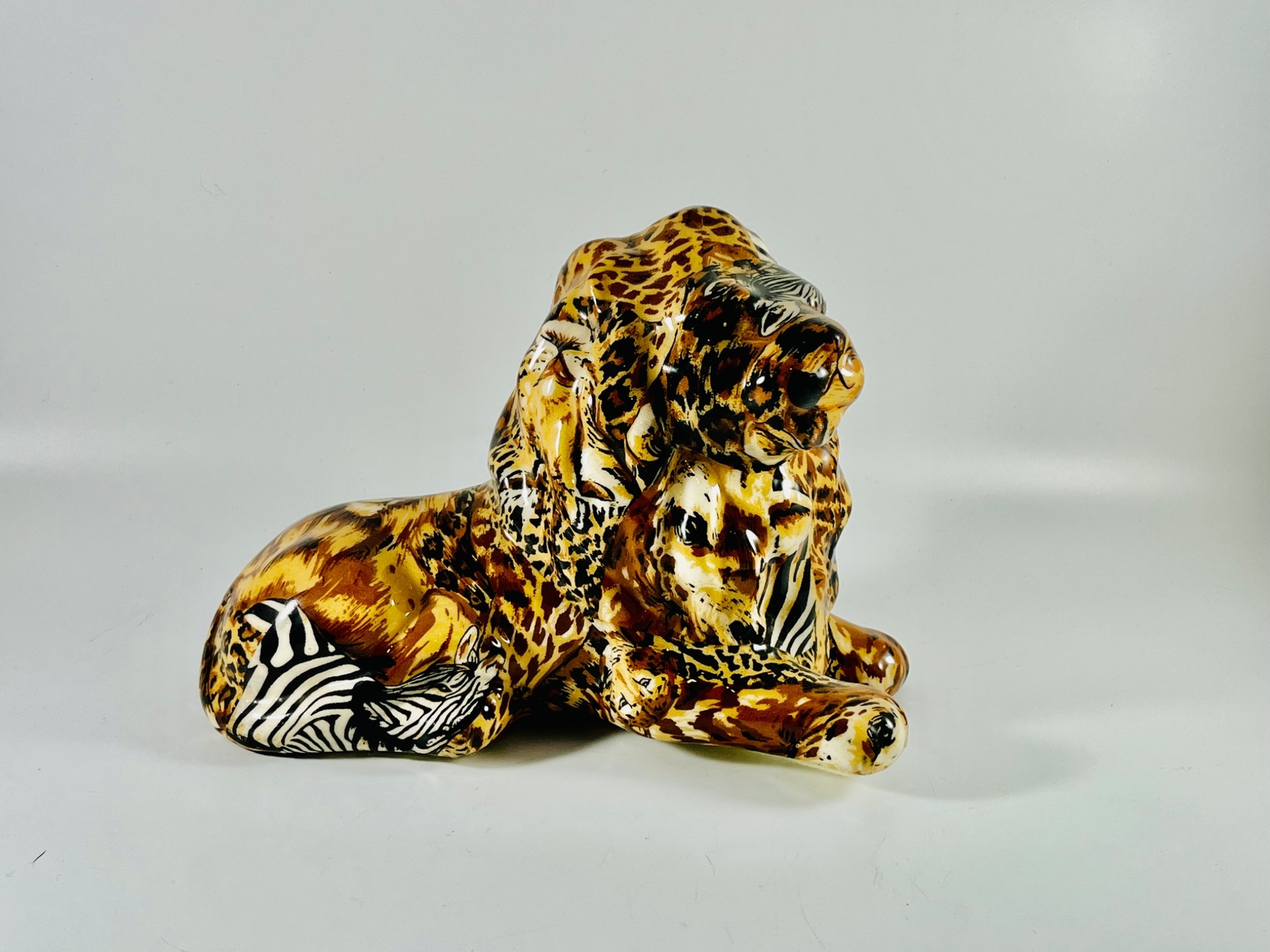 La Vie Safari African Lion Animal Print Patchwork Figurine 8″L x 6.5″H