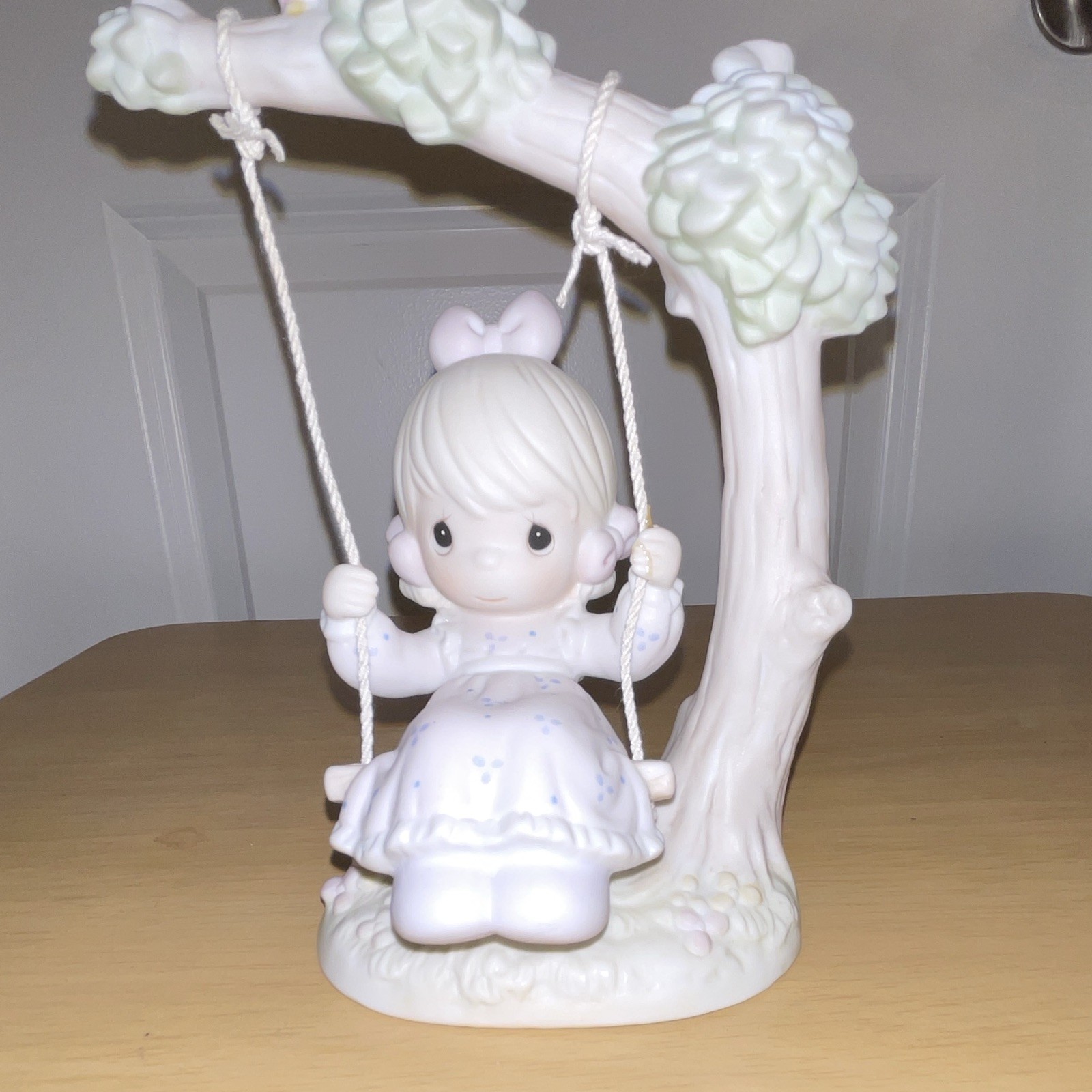 Precious Moments Porcelain Girl on Swing Under Tree w Bird Figurine 1991