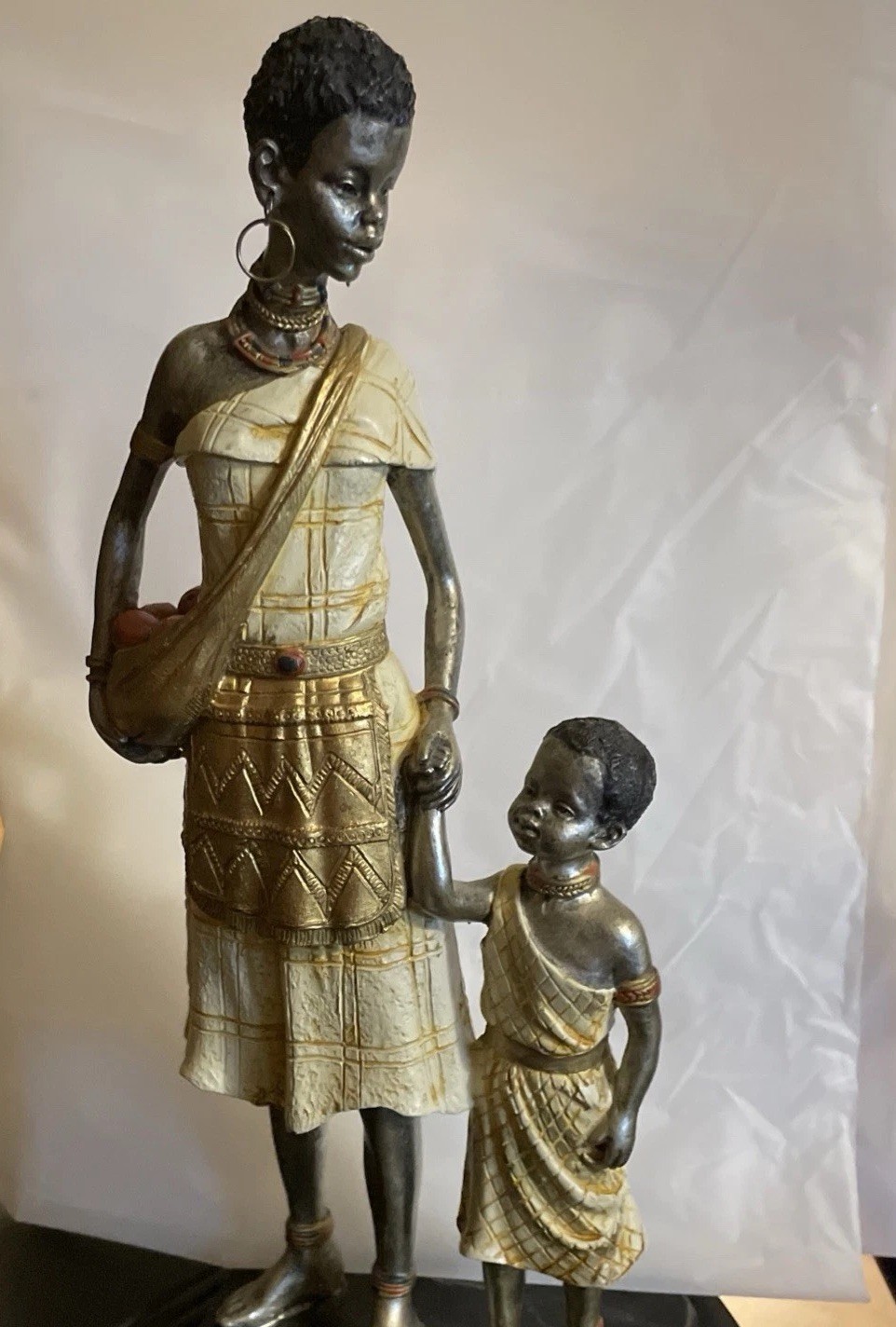 Black Mother Child Figurine Statue Silver White gold African American