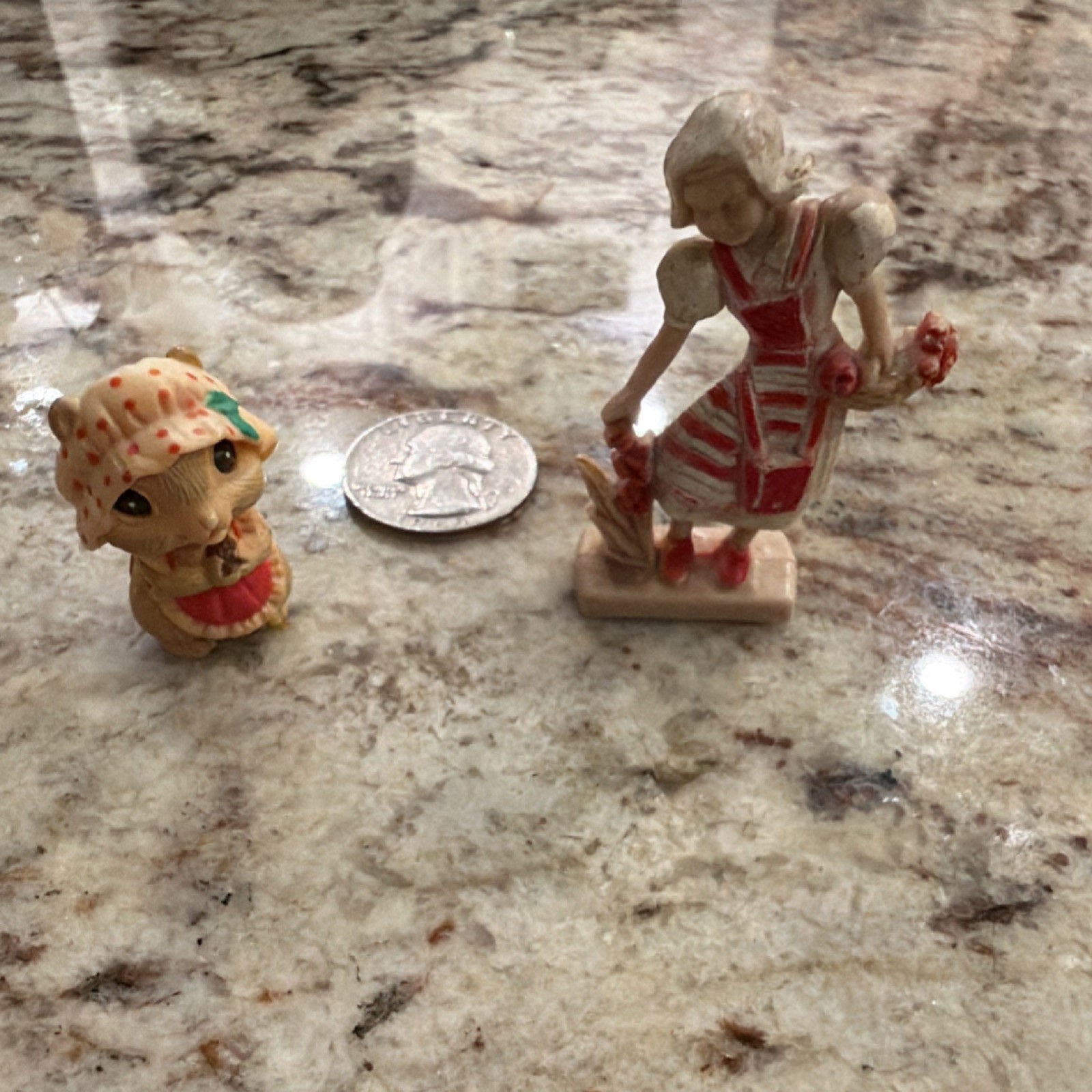 Miniature Girl & Animal Figurines Painted Plastic Red Beige Lot of 2