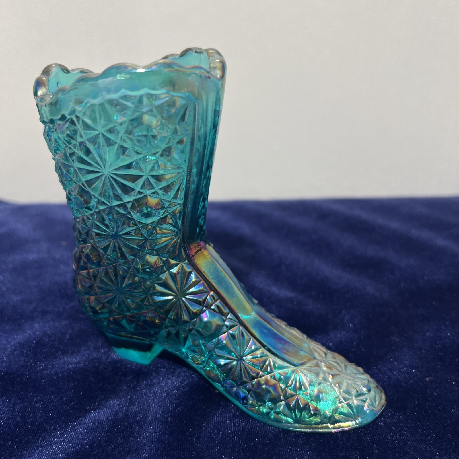Fenton Art Glass Cobalt Teel Carnival Iridescent Glass Daisy & Button Boot 4.25″
