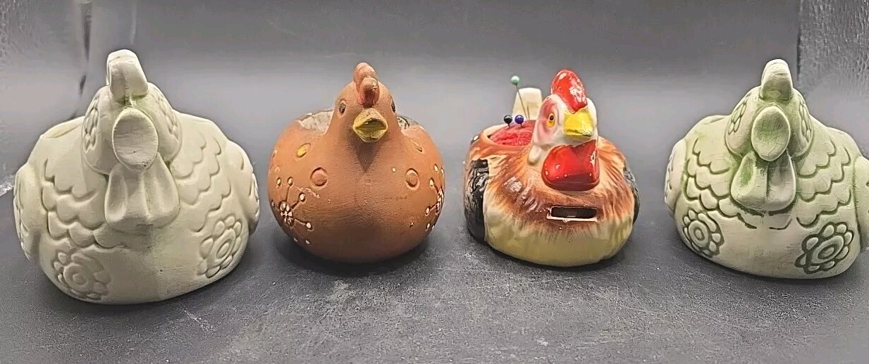 Hens And Roosters Figurine Set Of 4, 1 is a candle, some wear, 1 is pin cushion