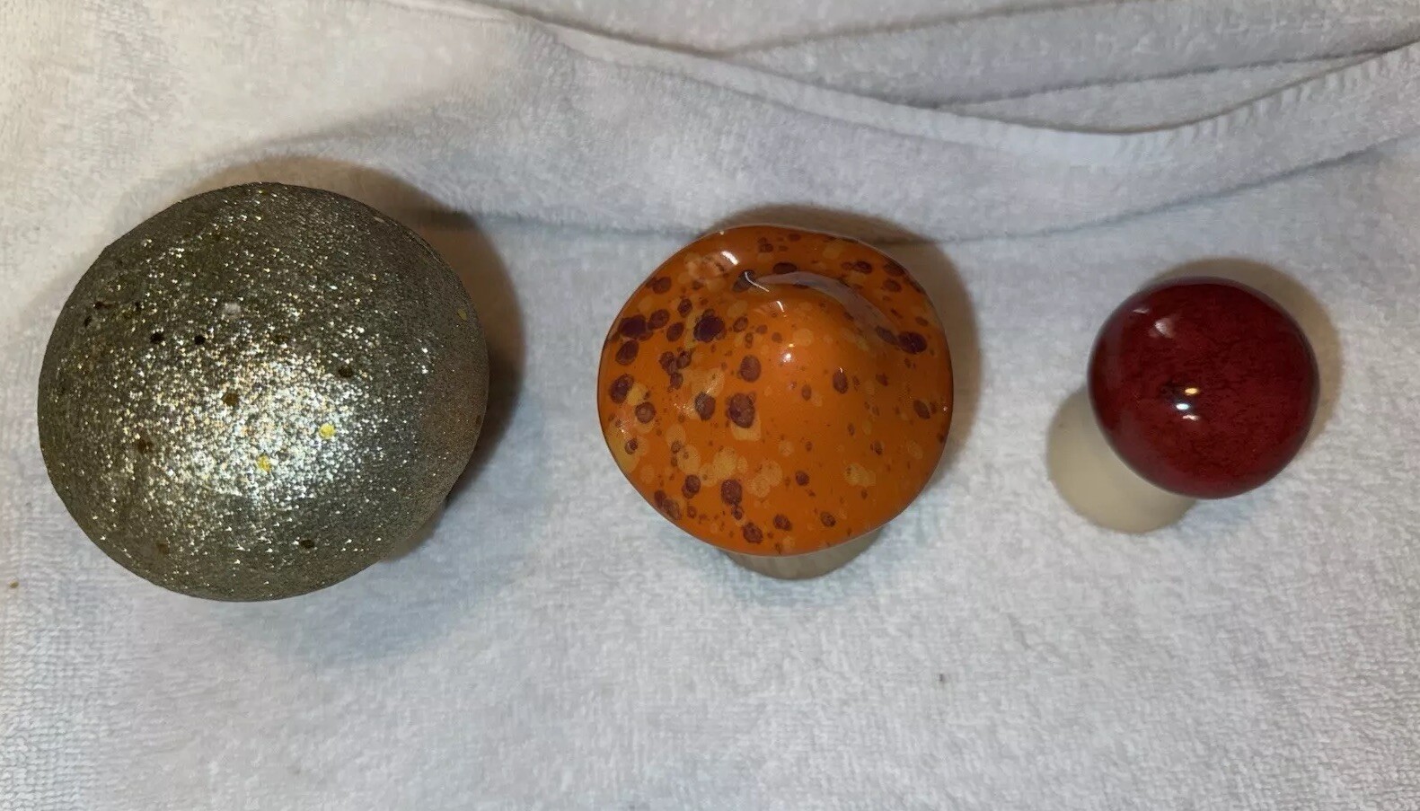 Mushroom Figurine Lot Of 3 Gold Orange And Red. Wooden And Ceramic.