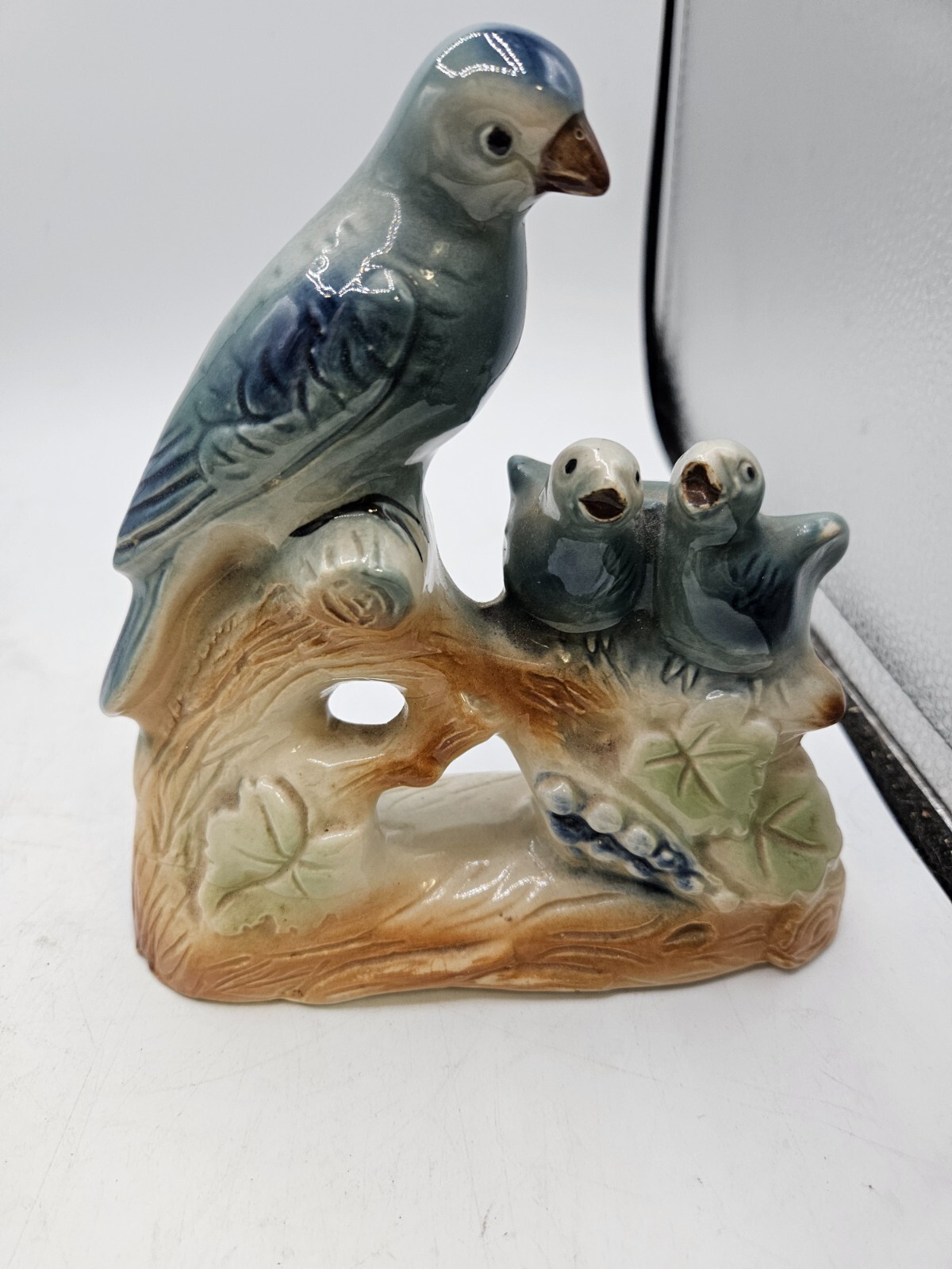 VTG. Porcelain Mama Blue Bird and Babies on Branch Figurine Brazil