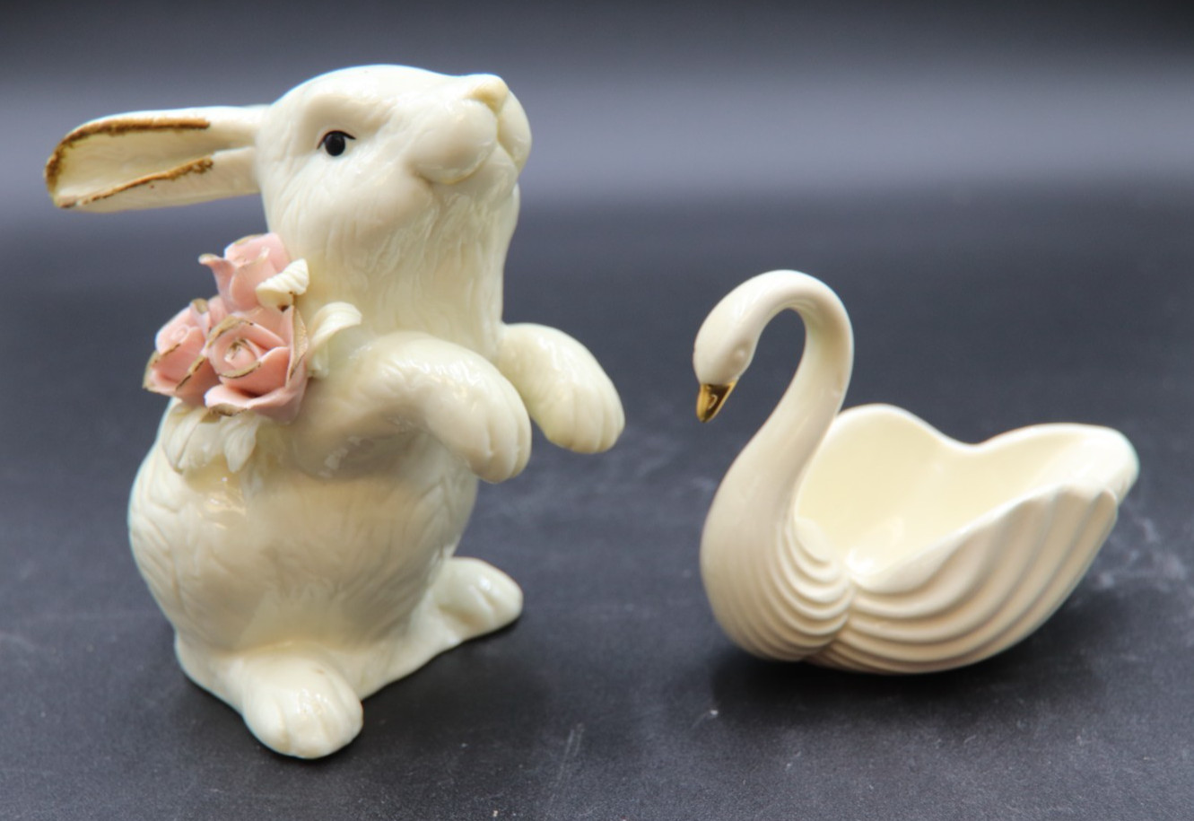 Vintage Porcelain Rabbit Figurine Holding Pink Roses and Swan Trinket Dish