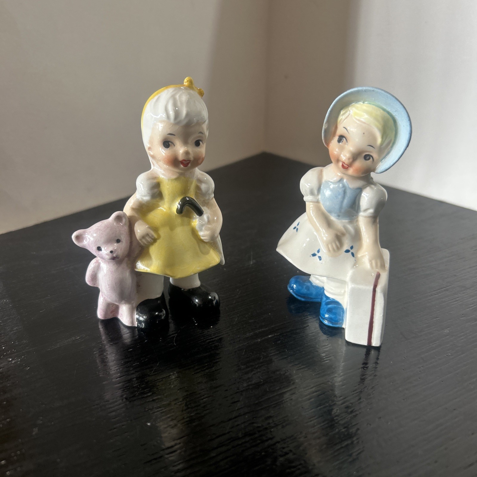 Lot Of 2 Vintage JAPAN UCAGCO 1950s 4” Ceramic Figurine Girls with Stickers