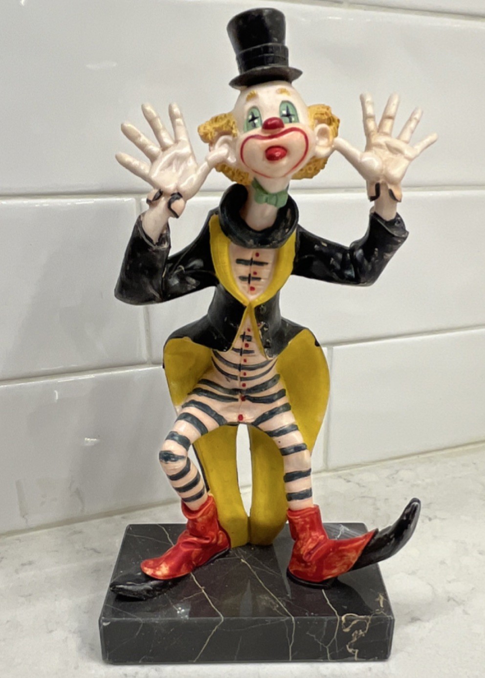 8.5 inches Genuine Carrara Marble Hand Painted Clown Figurine Made in Italy