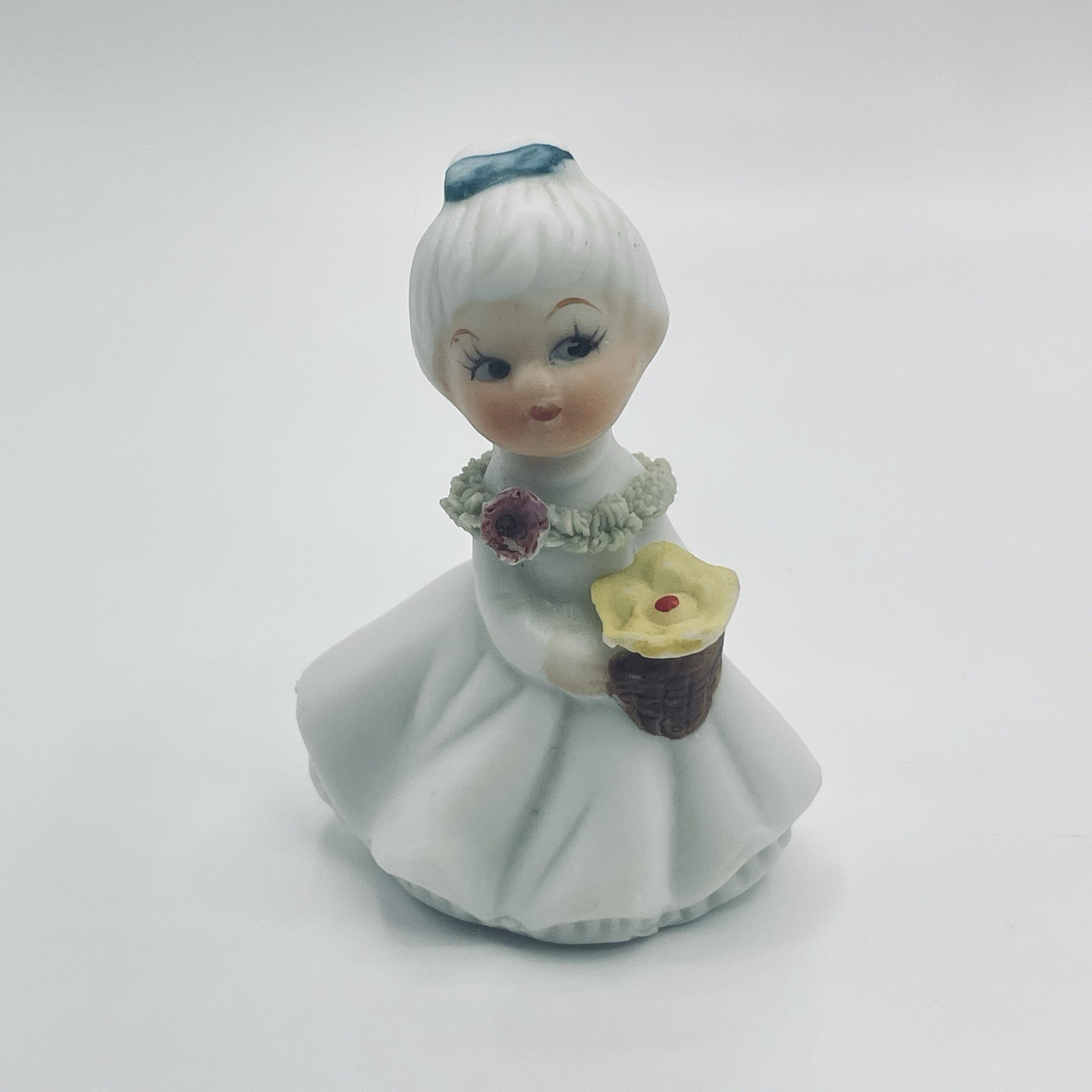 Ardco Miniature Girl Holding Flower Figurine Spaghetti Trim White Dress Vintage