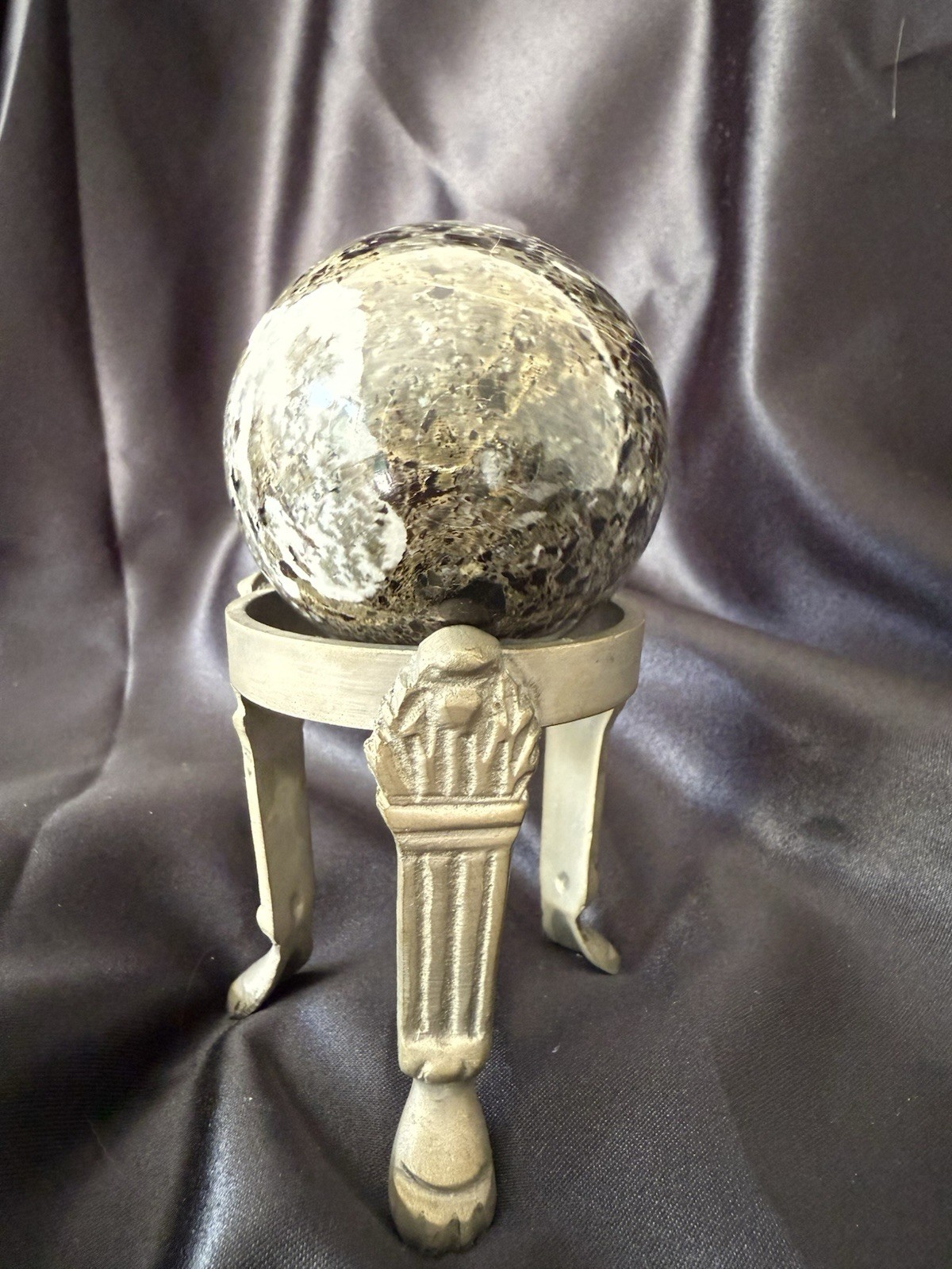 Large Vintage Stone Egg Sculpture on Metal Tripod Stand Mid Century Decor