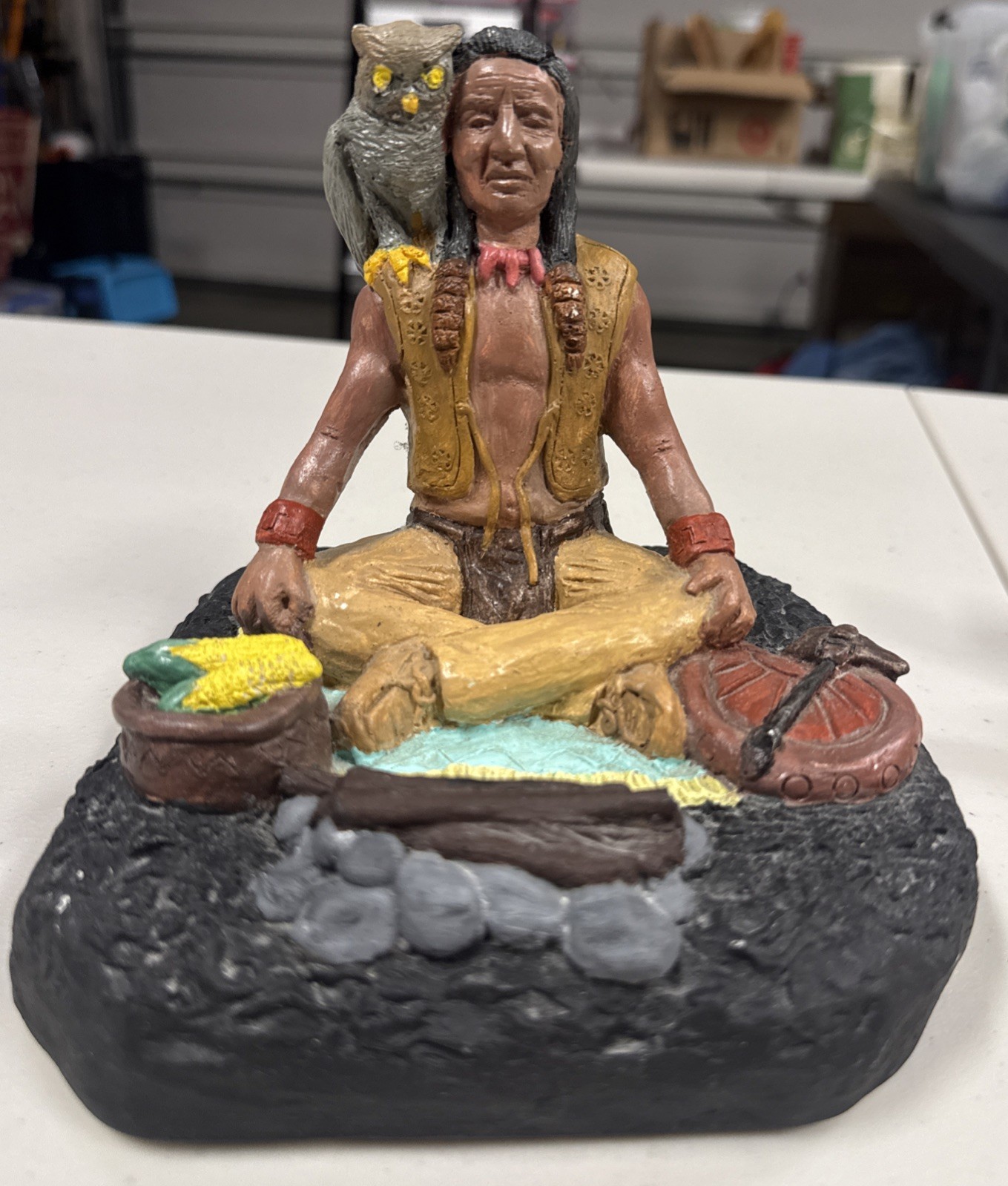 T17-Vintage Seated Around Campfire Native American Warrior With Owl, Chalkware